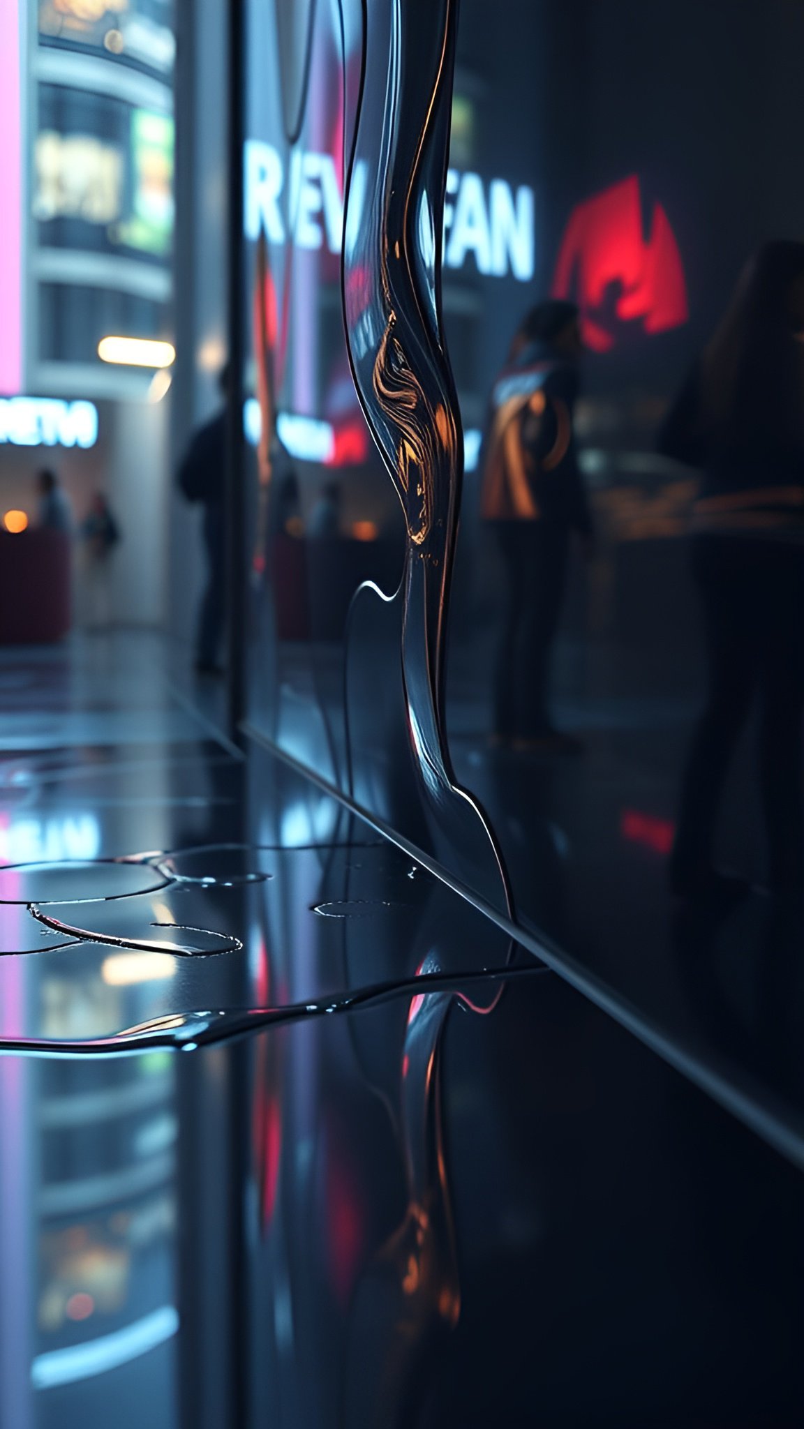 Reflective art with dripping chrome sculpture and neon reflections on wet floor