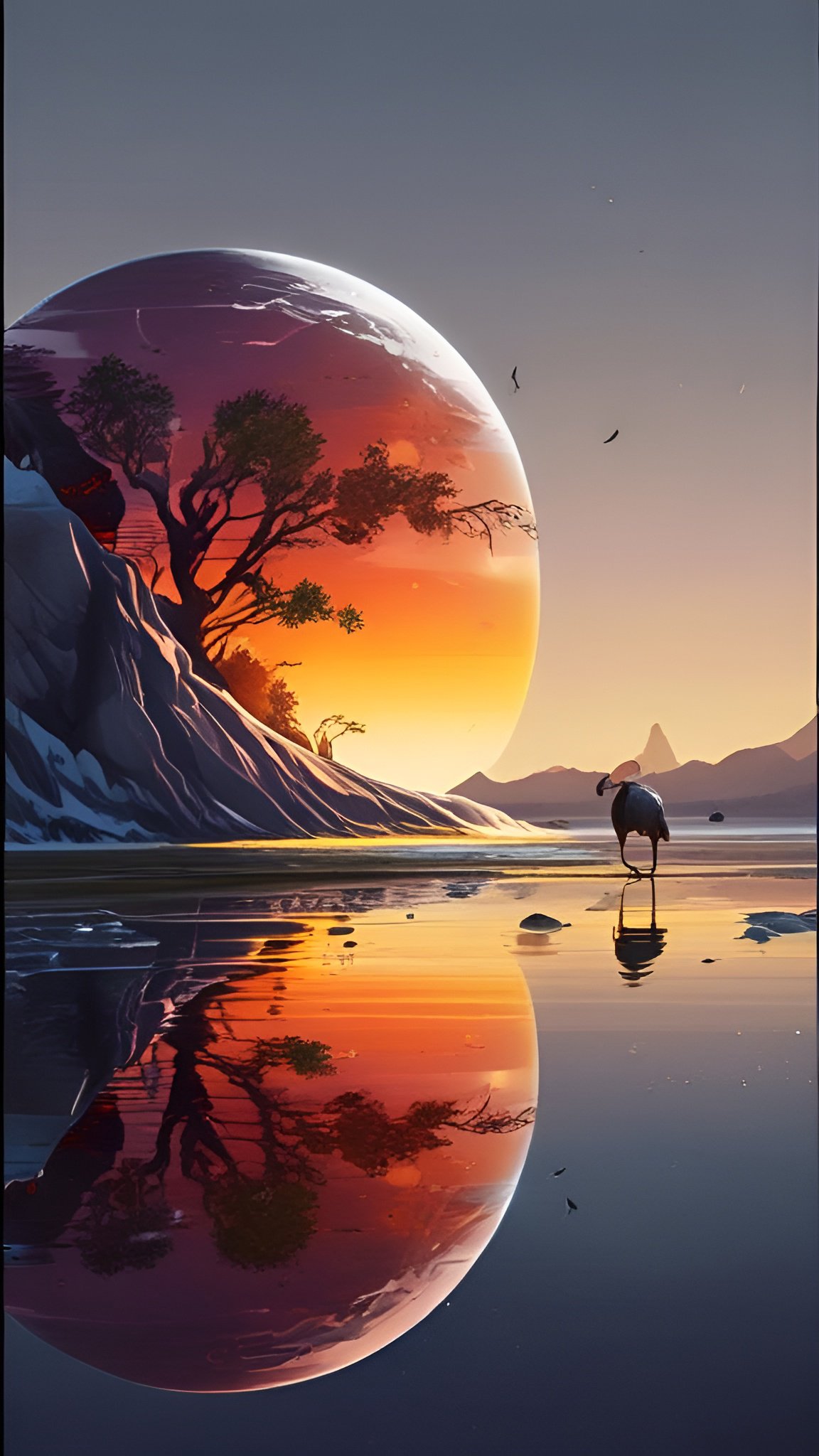 Creative artwork of large reflective sphere showing orange sunset with silhouetted tree inside and long legged bird on shiny liquid surface