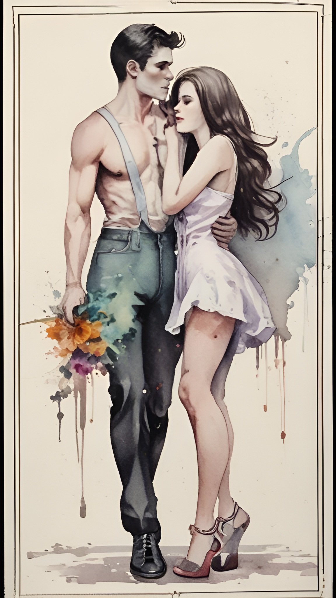 Watercolor painting of muscular man and woman in romantic embrace with colorful splashes