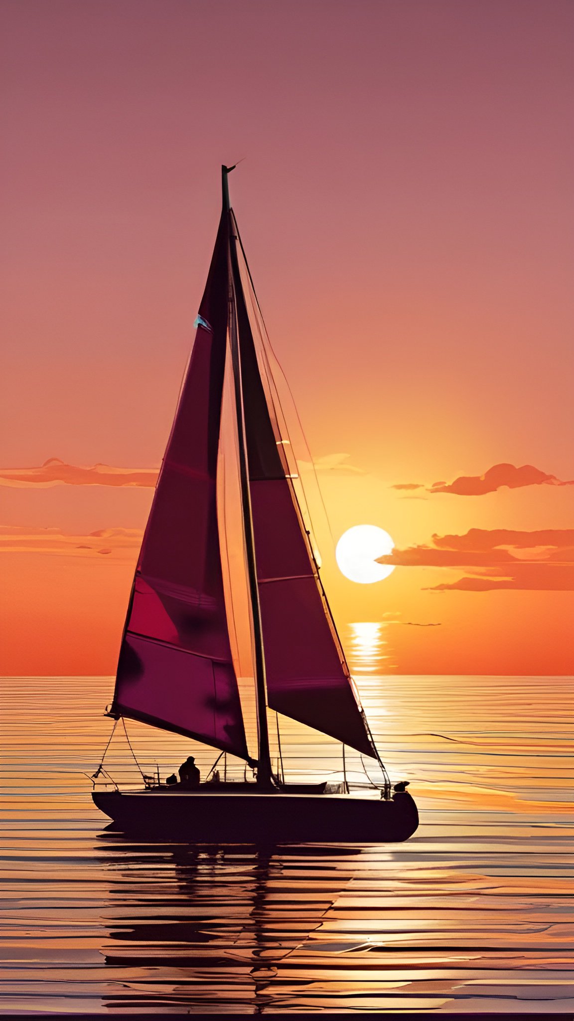 Painting of a sailboat with magenta pink sails on calm water at sunset