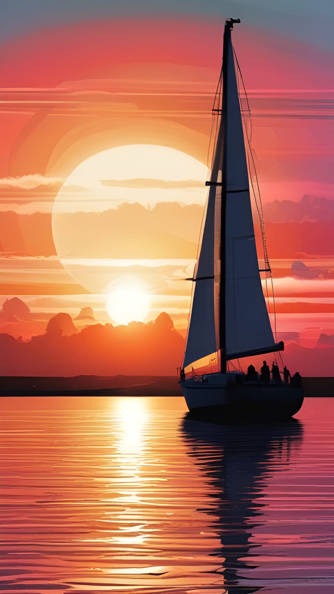 Painting of a sailboat silhouette on calm water at sunset with a large orange sun