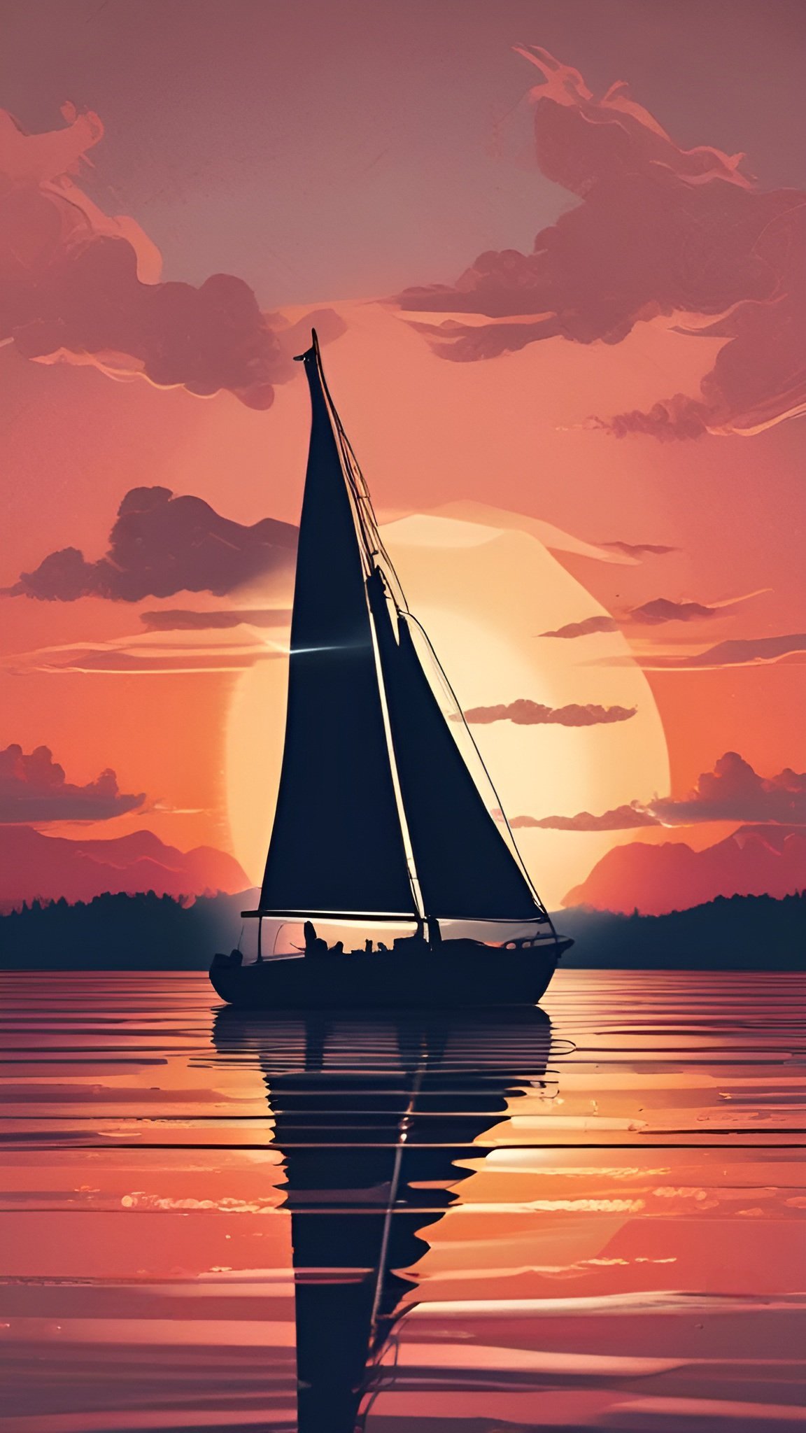 Poster art of a sailboat silhouette on water under an orange sunset