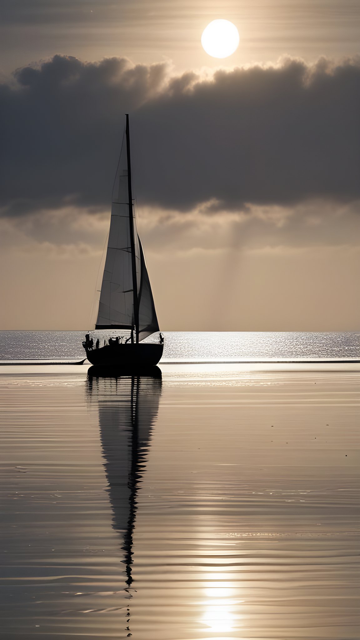 Sailboat on calm water at sunset with reflection and cloudy sky