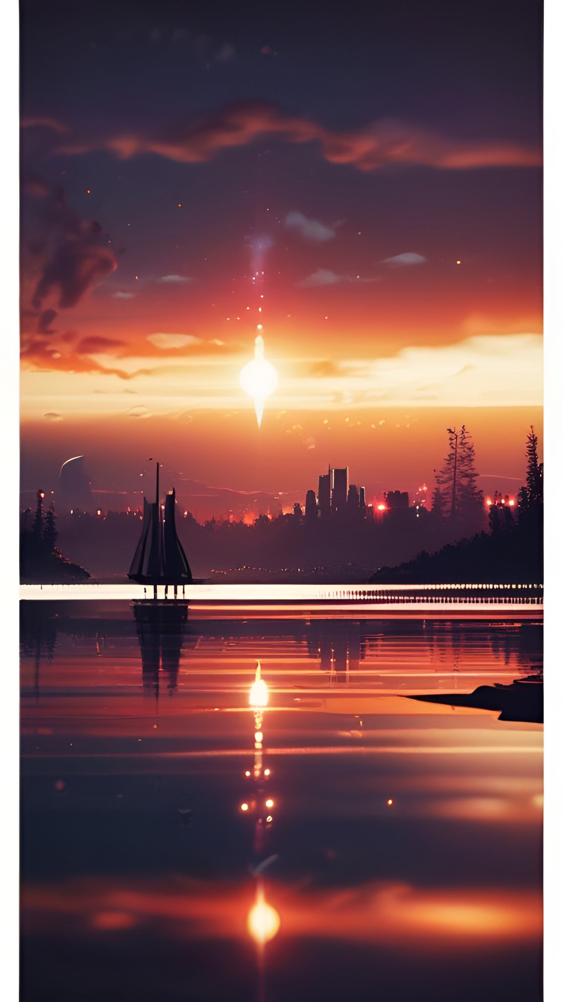 Poster art of a sailboat at sunset with a city skyline and water reflection