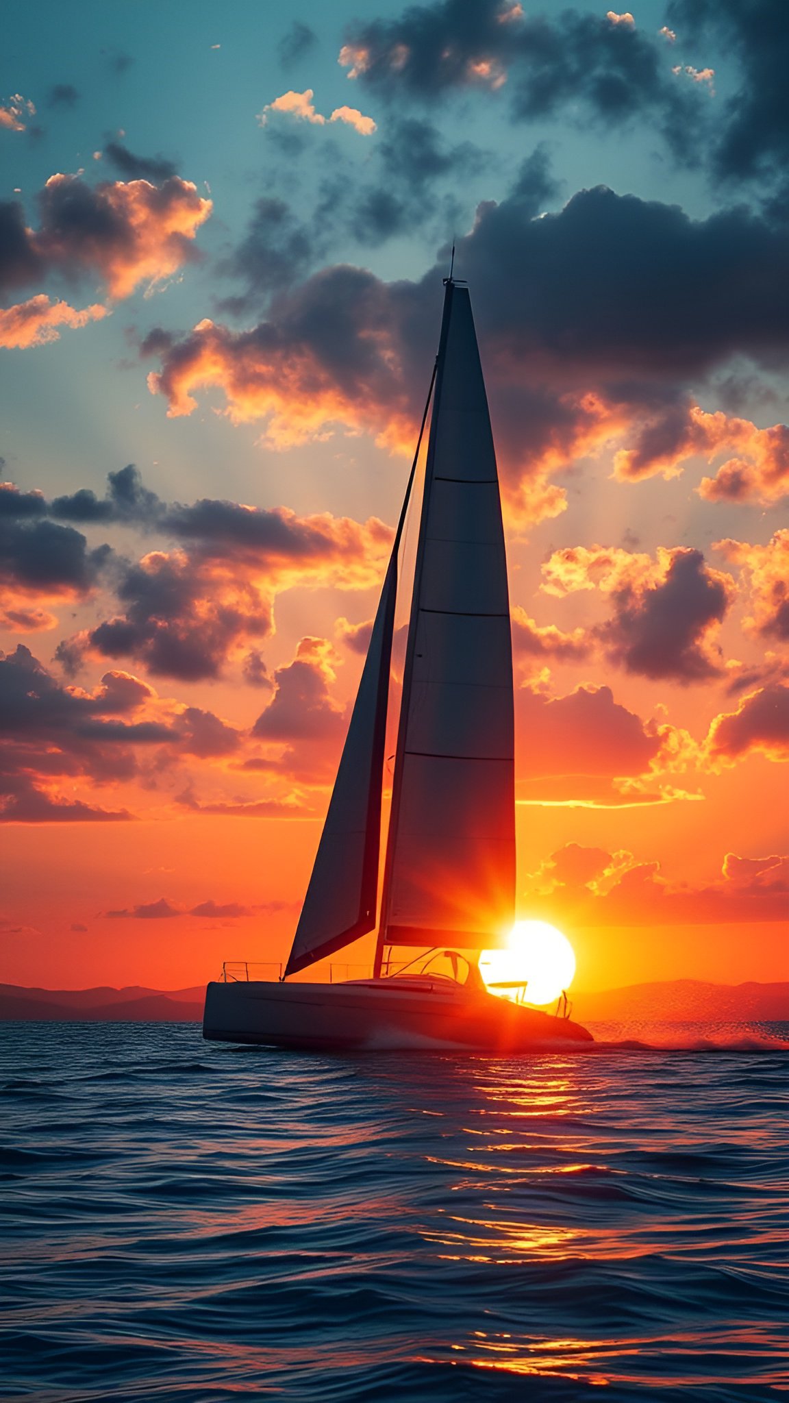 Sailboat silhouetted against vibrant orange sunset with dramatic clouds and reflective sea water
