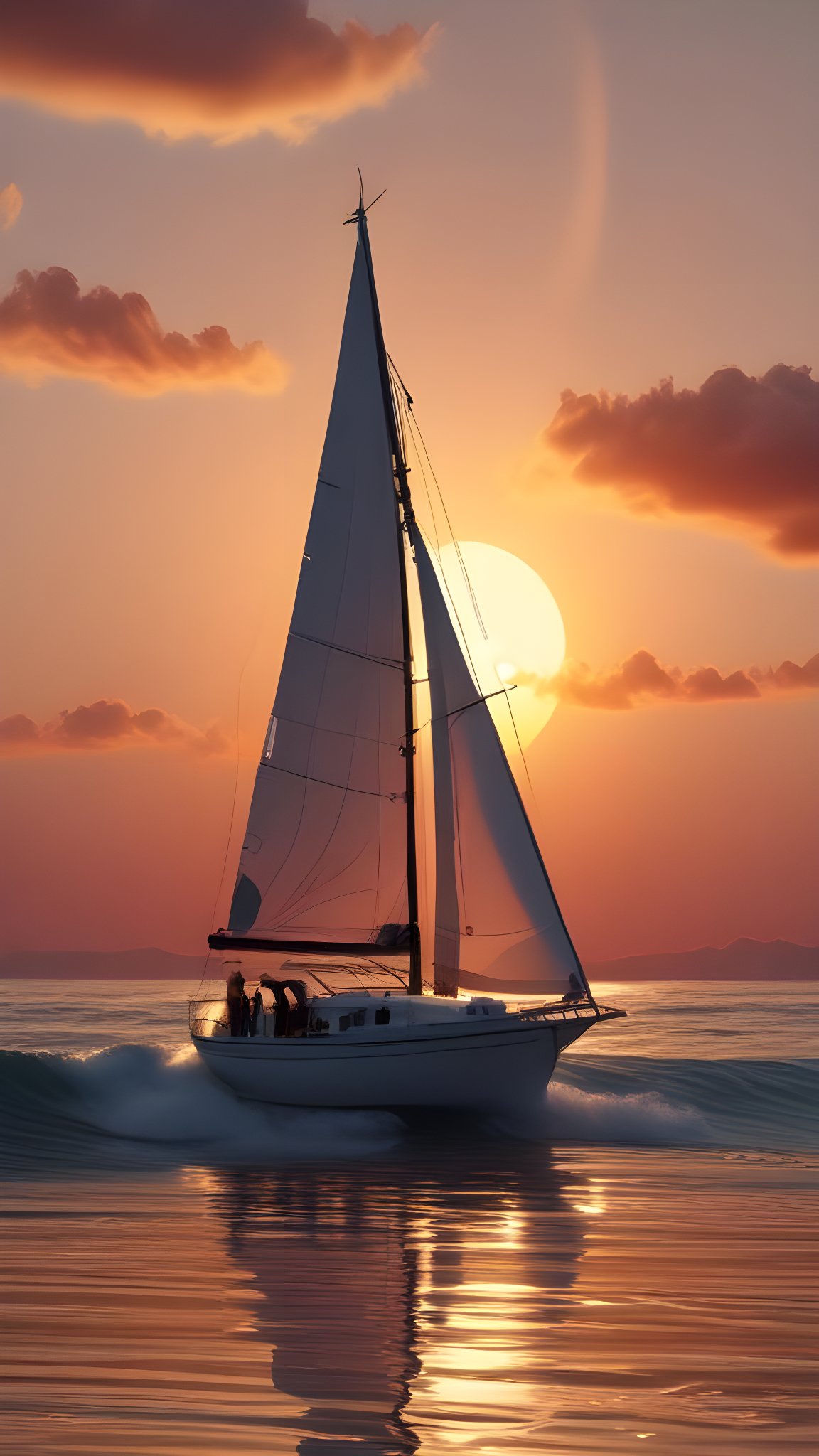 Elegant sailboat gliding across calm ocean under fiery orange sunset sky