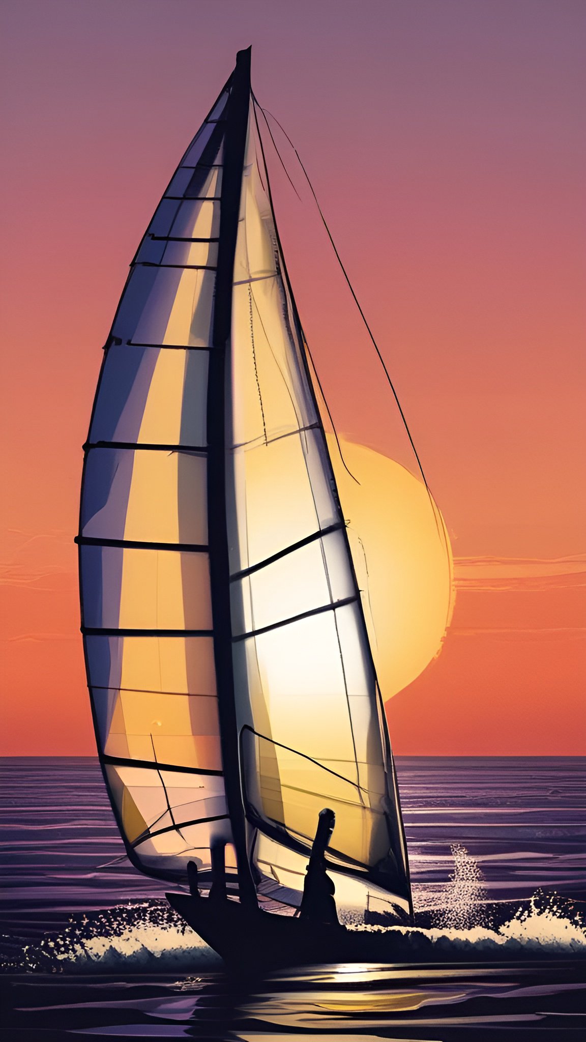 Poster art of sailboat on water at sunset with large sun and colorful sky