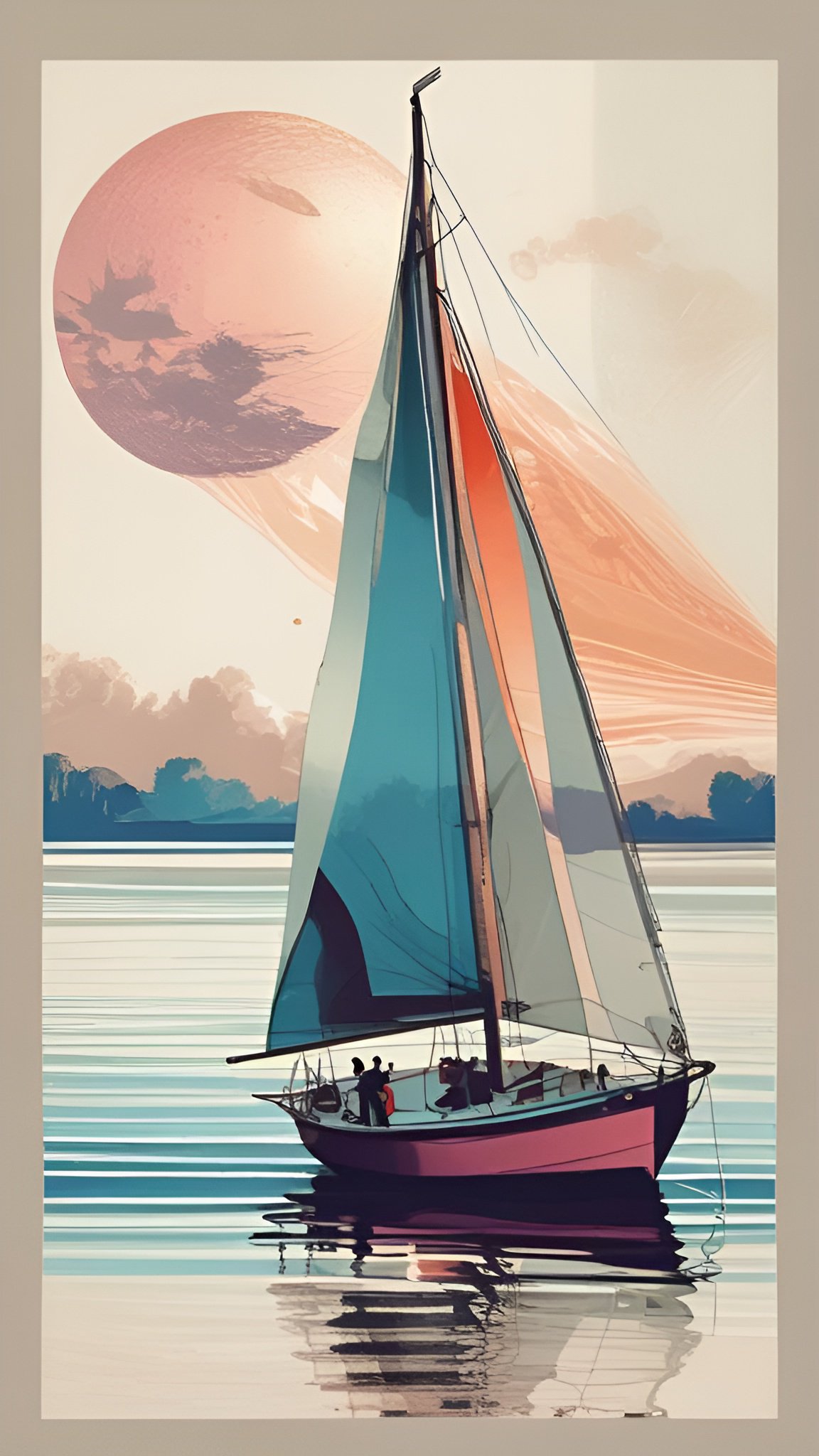 Painting of a sailboat with teal and orange sails and a pink hull under a huge textured pink sun