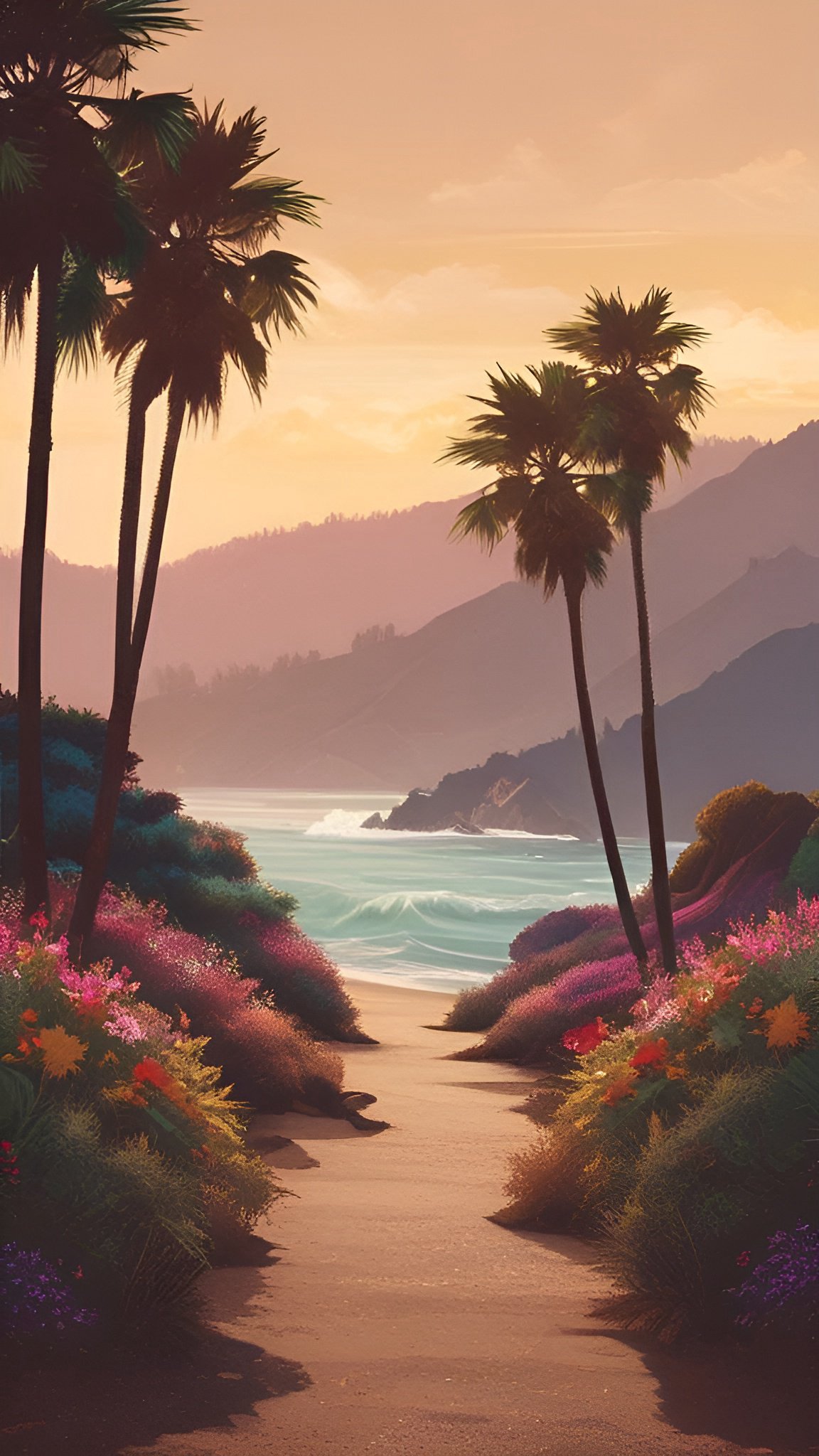 Painting of a sandy path to a California-style beach framed by palms and wildflowers