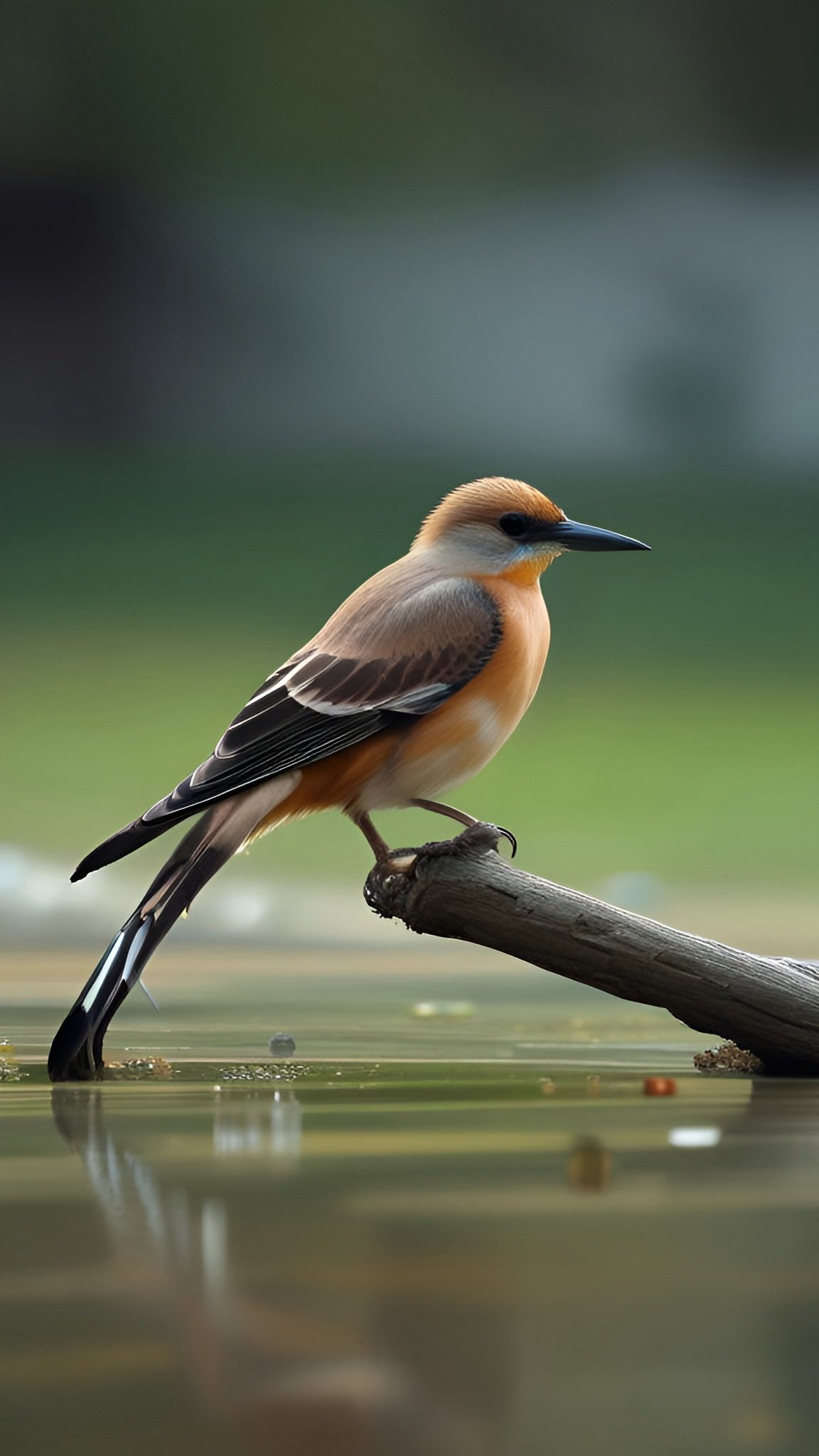 Photo of a scissor-tailed flycatcher-style bird perched on a branch over still water