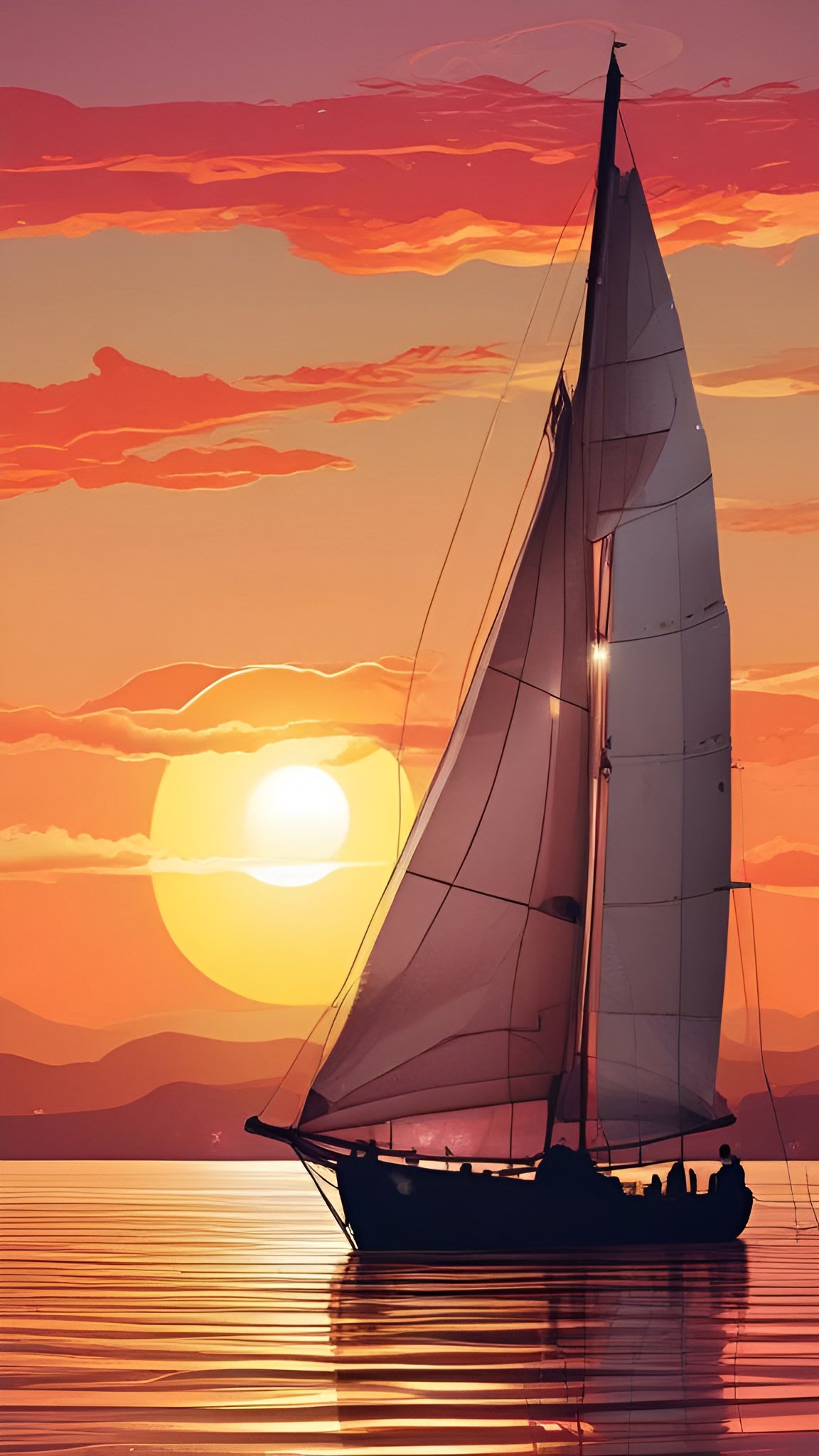 A beautiful seascape art of a sailboat with tall white sails on calm ocean and a vibrant sunset