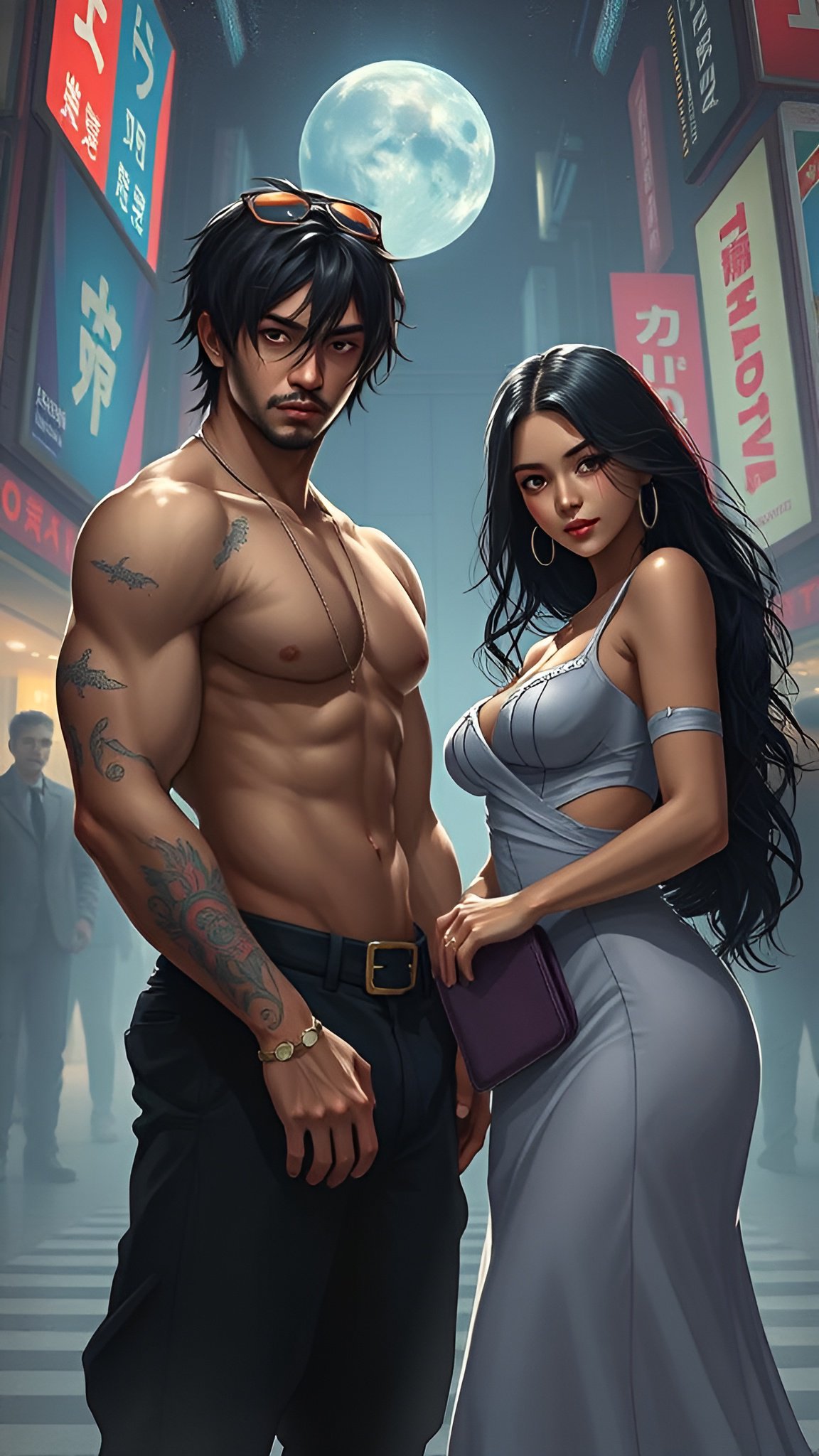 Shirtless tattooed man in grey dress standing together on Tokyo night street under full moon with neon signs