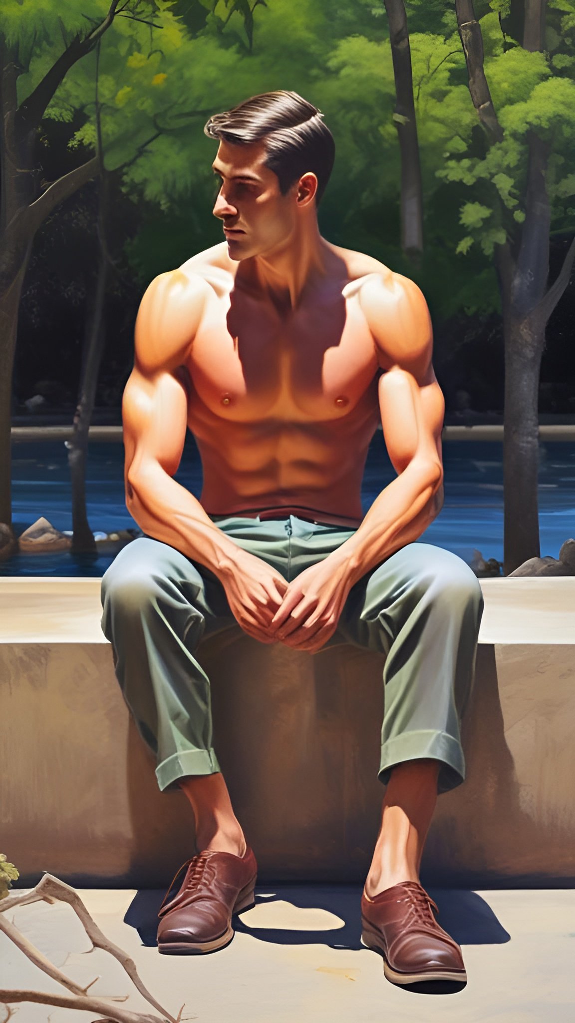 A photo of muscular shirtless man sitting on stone ledge with crossed hand pose beside blue water and forest trees