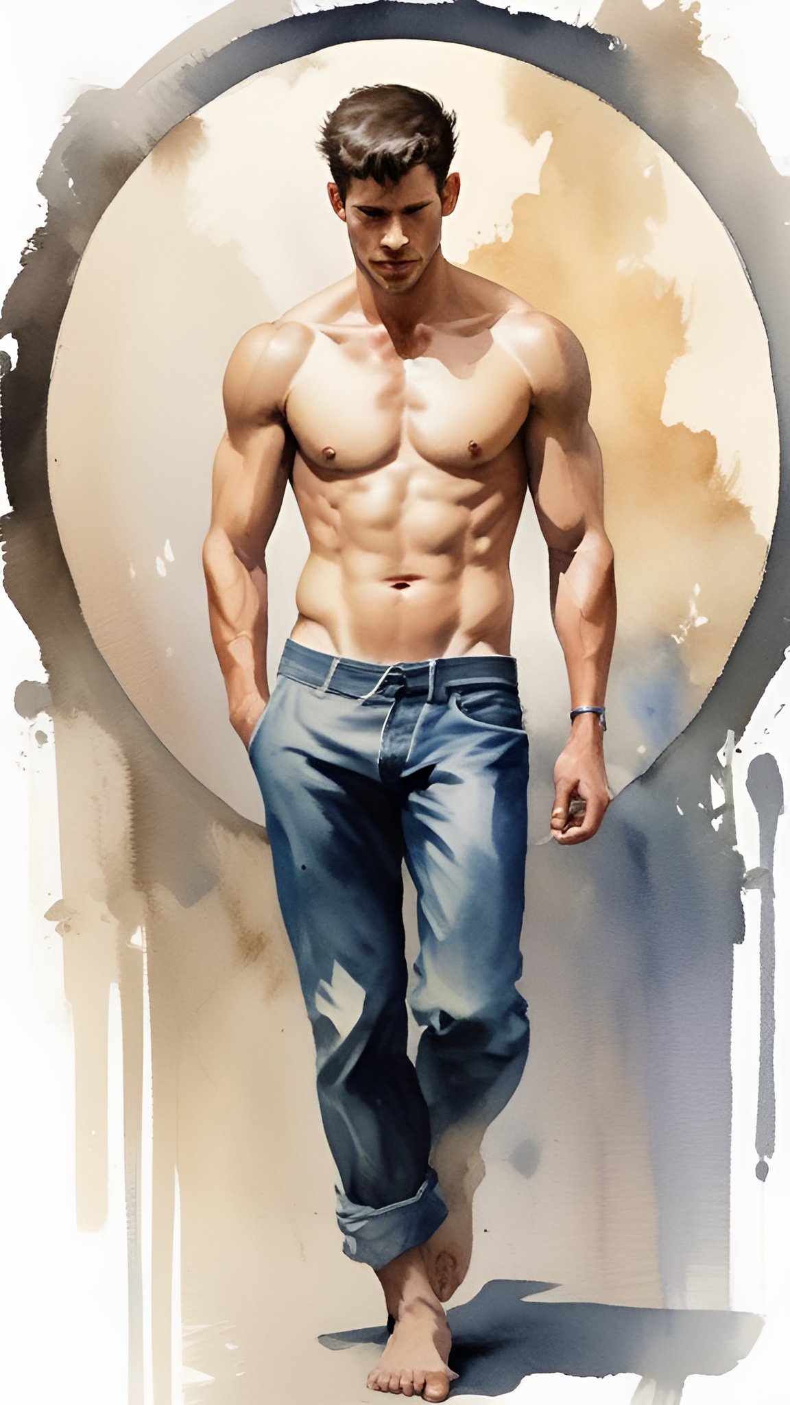 Watercolor painting style of a shirtless muscular man in blue jeans walking barefoot