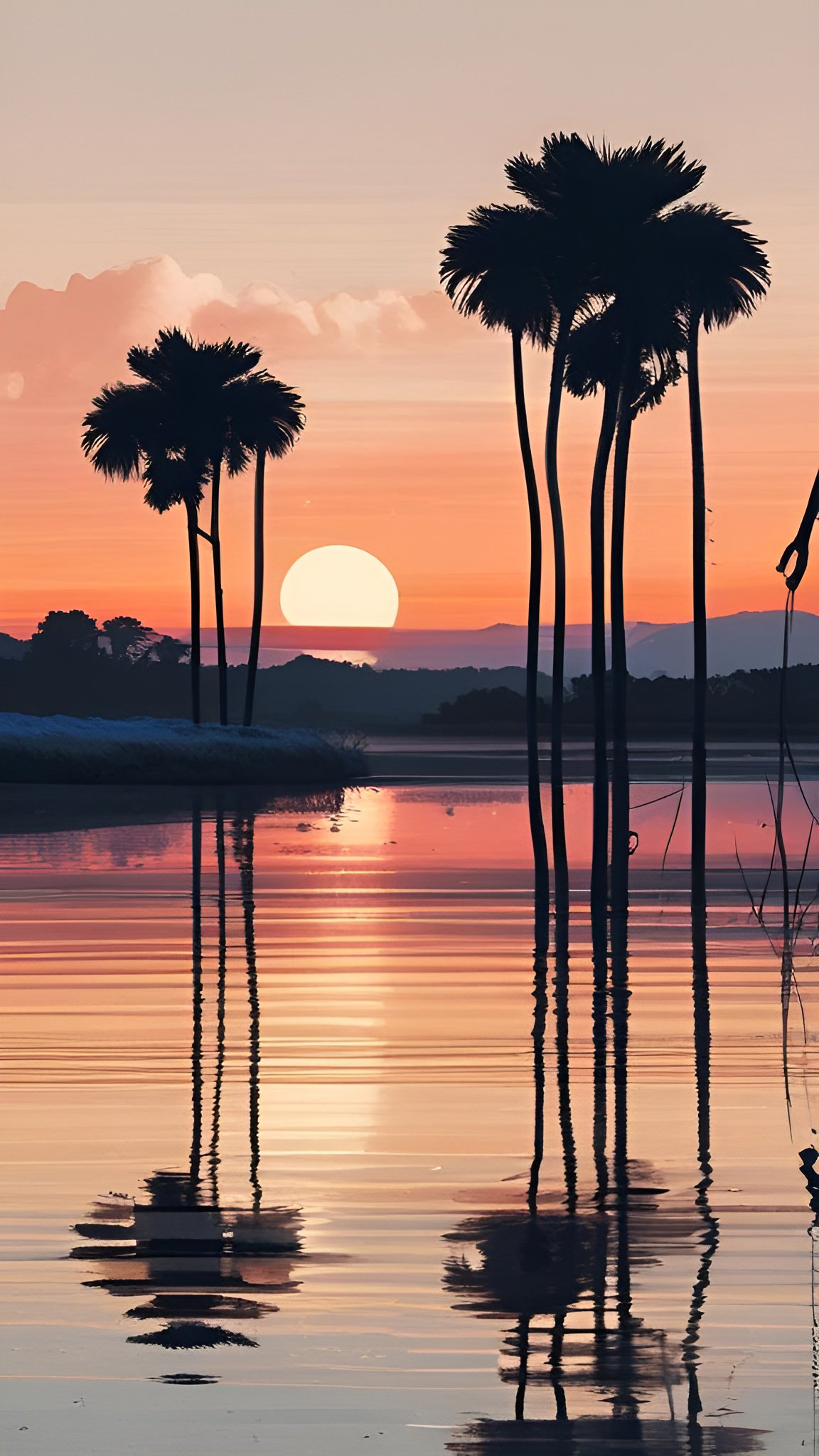 Painting of silhouetted palm trees reflected in still water at sunset with a large pale sun