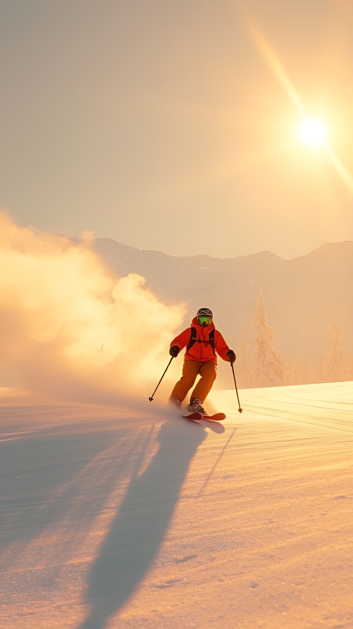 Skier in orange suit descending slope with snow spray at sunset