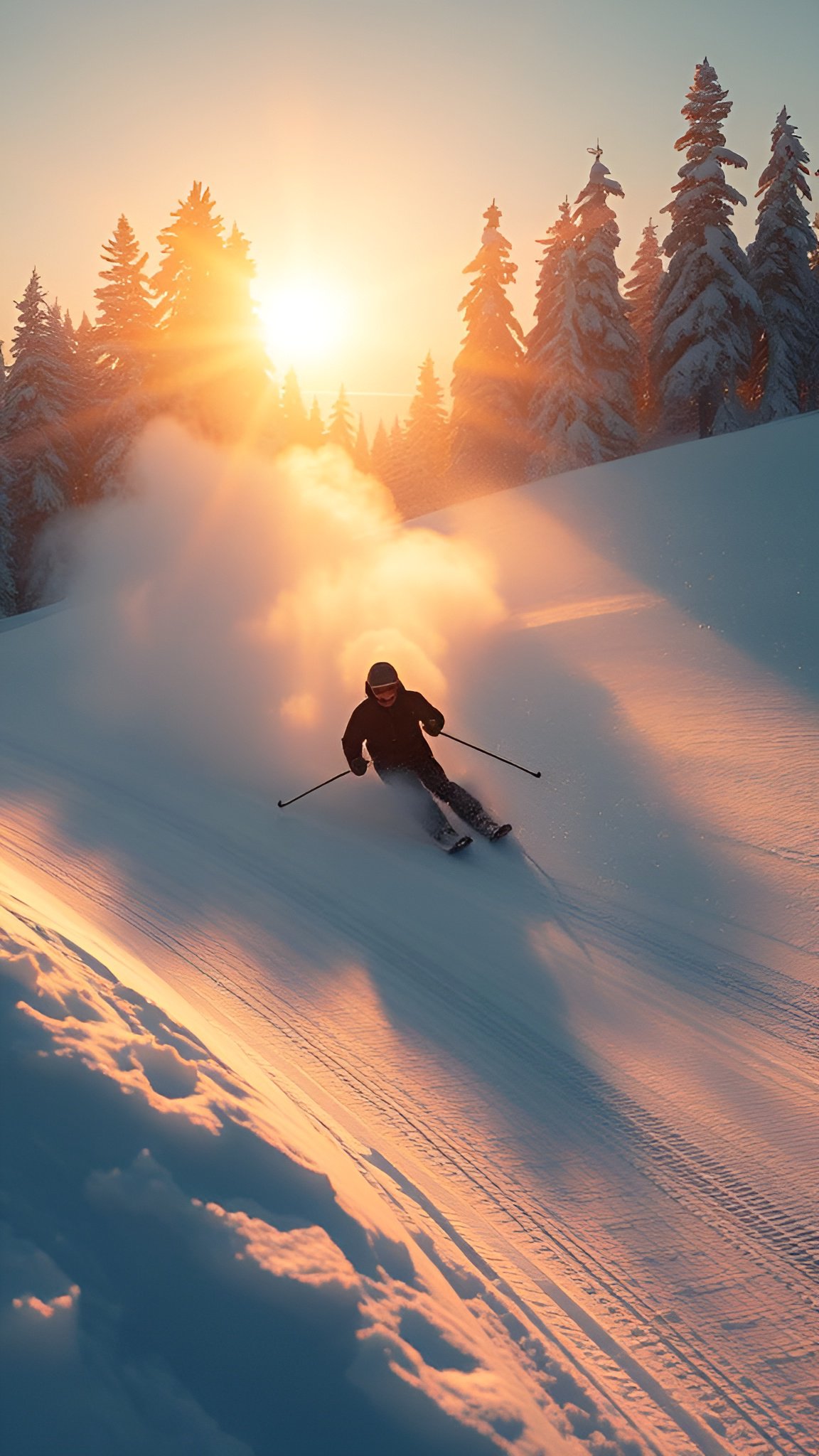 Skier descending snowy slope at sunset with snow spray and pine trees in background