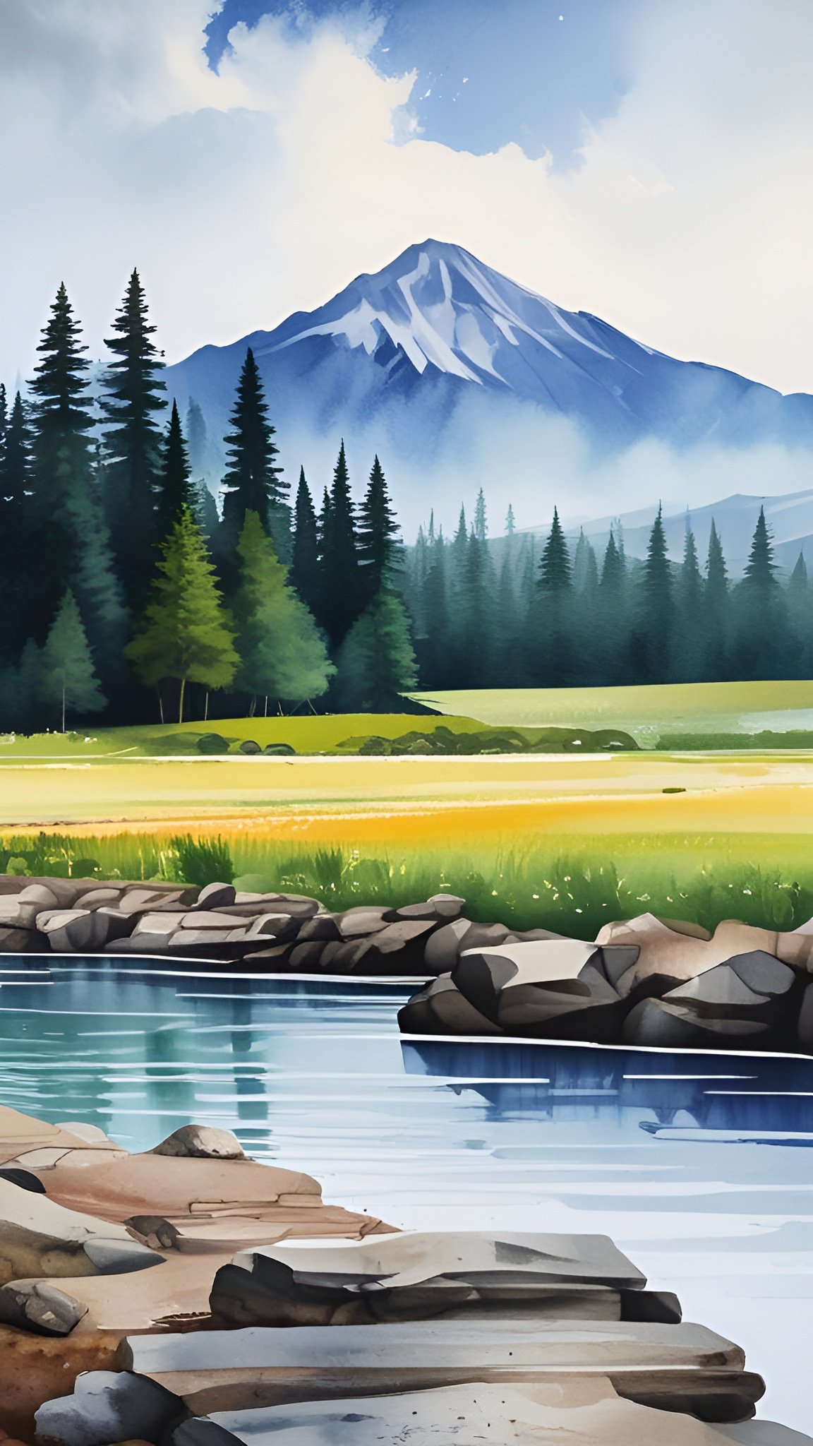 A watercolor painting style of a snow-capped mountain above a pine forest, gold meadow, and a rocky stream under a blue sky