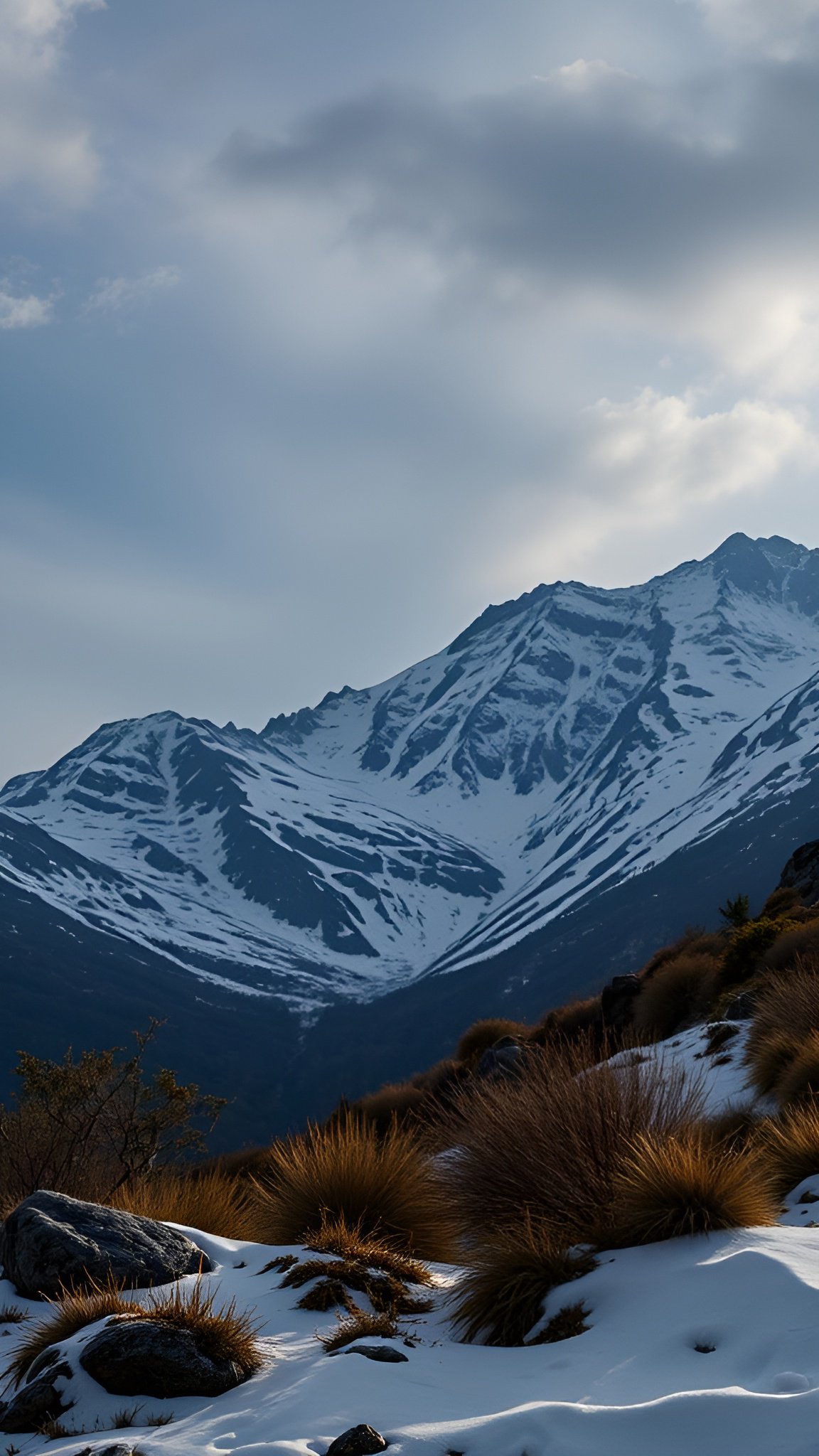 A nature photograph of snow covered mountain peaks with golden tussock grass and dark rocks in the southern alps