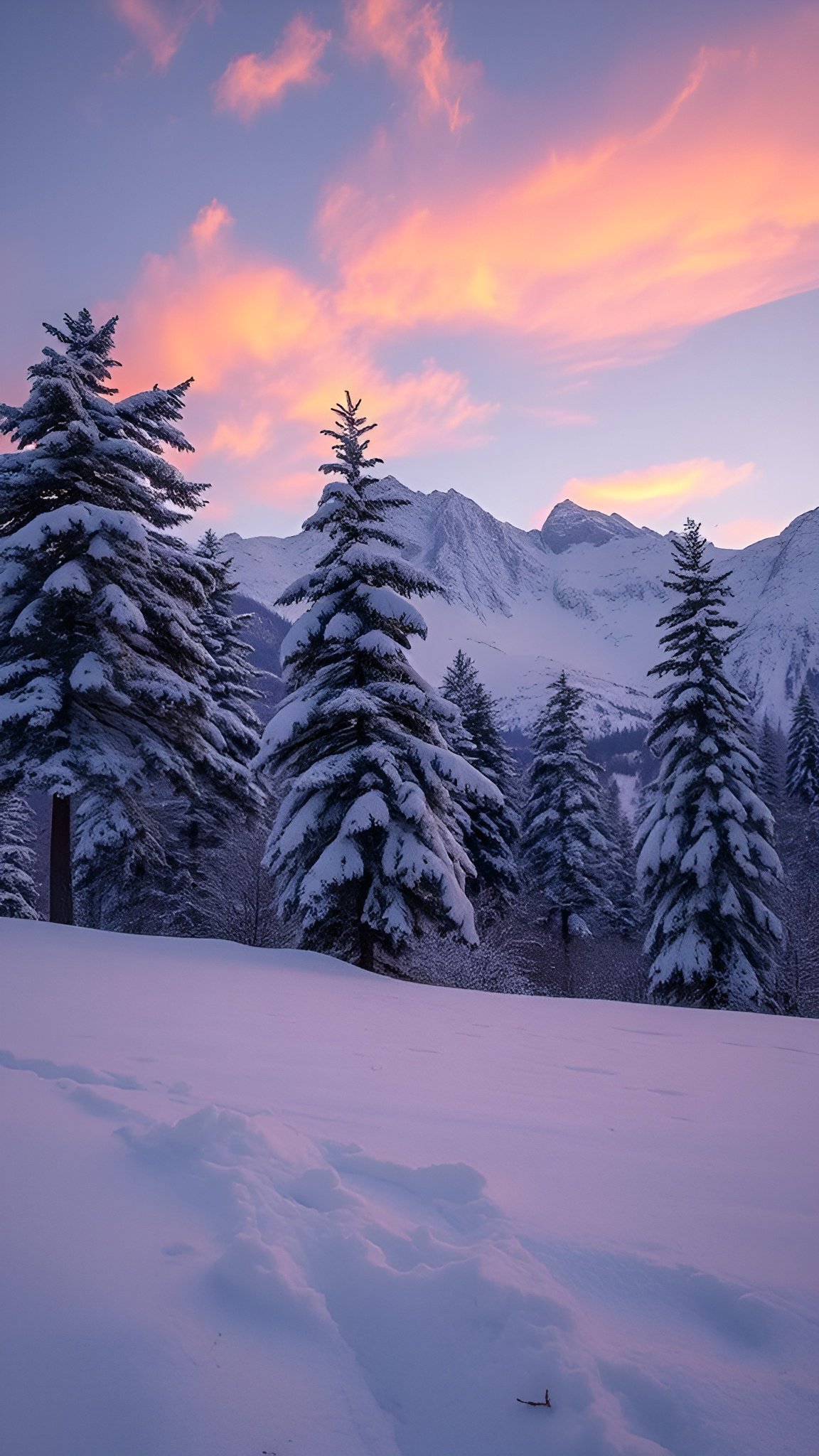 Snow covered pine trees in winter mountain landscape with a pink sunset sky