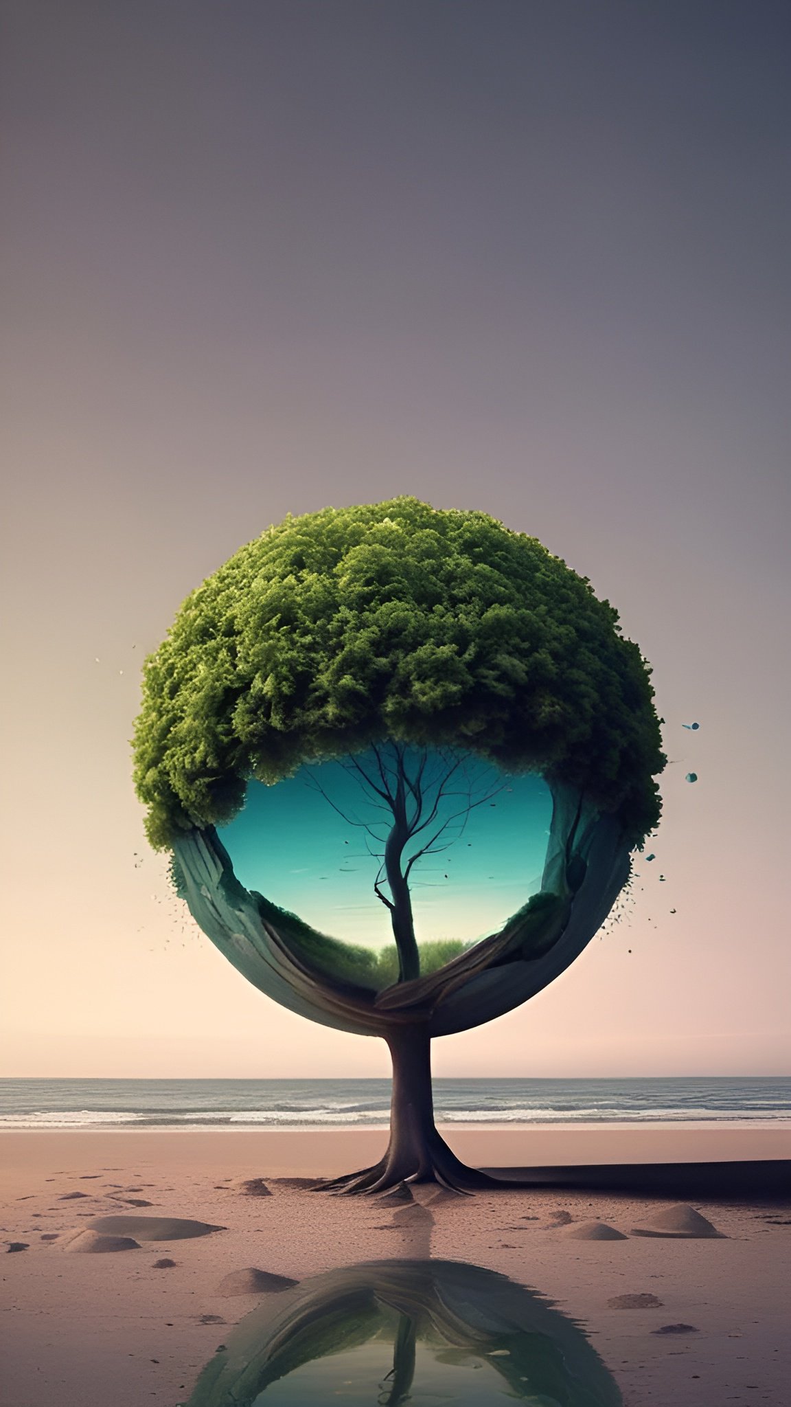 Creative photograph of a spherical leafy tree on sandy shore revealing inner branch silhouette through a turquoise portal with an ocean reflection