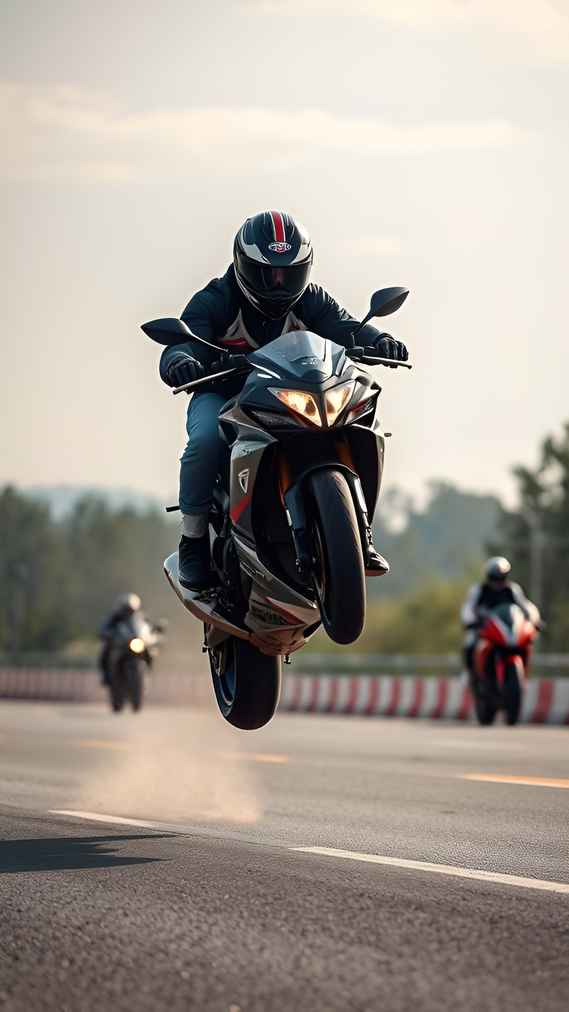 Sport motorcycle airborne during high-speed jump on race track with dramatic sky