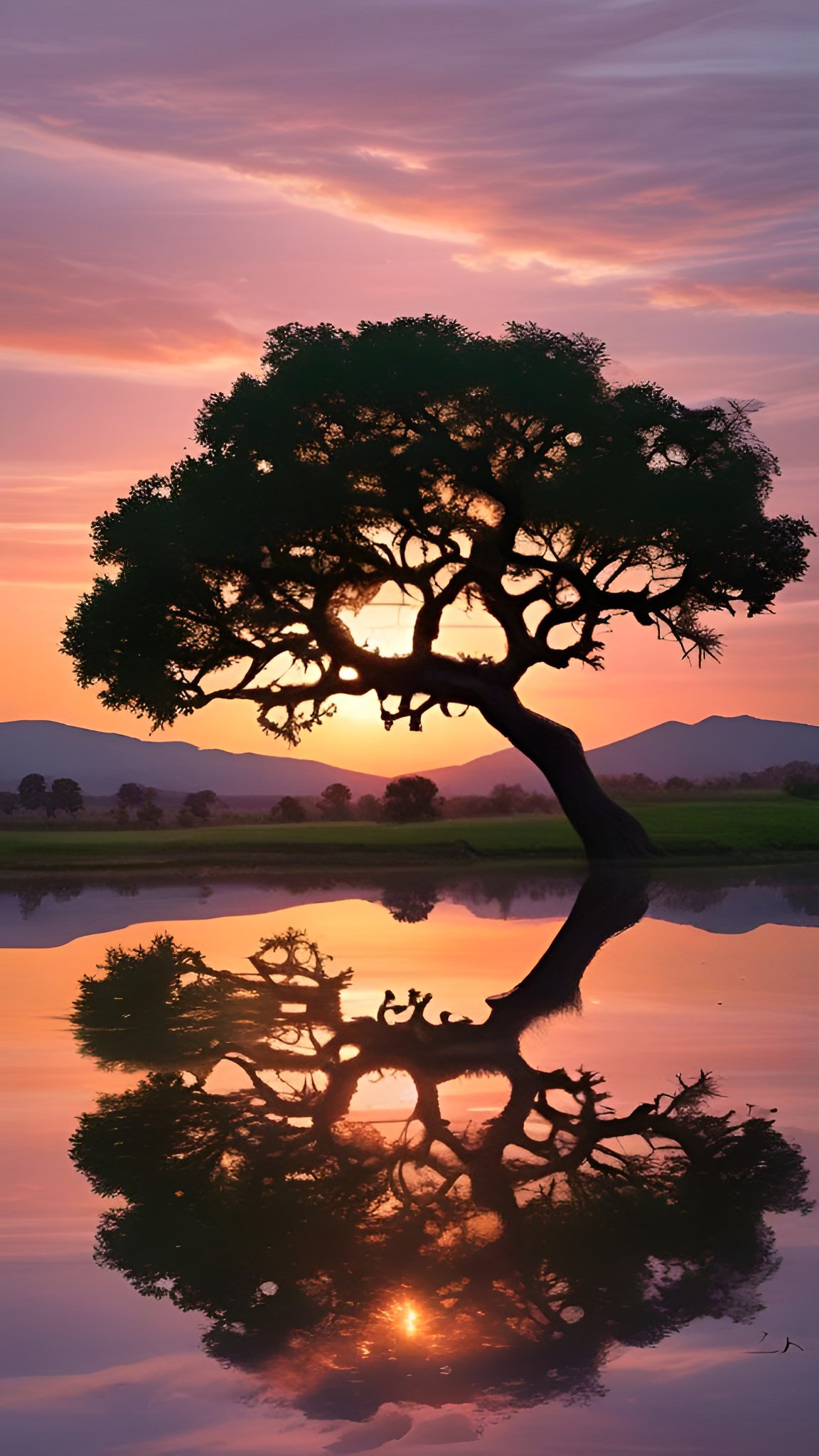 A nature photograph of a spreading tree over still water at sunset with a pink and orange sky and a sun path in the reflection