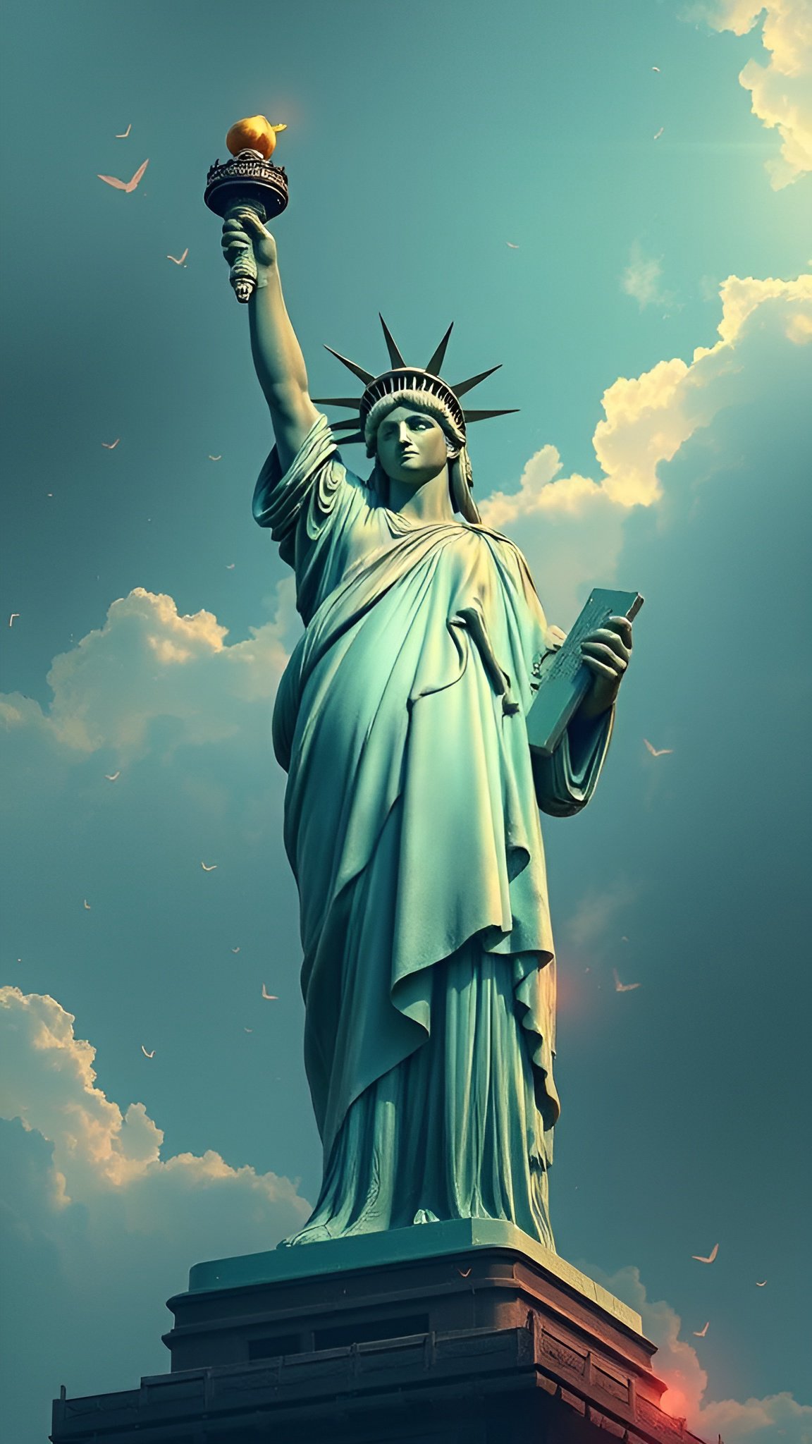 Statue of Liberty against cloudy sky with birds flying around