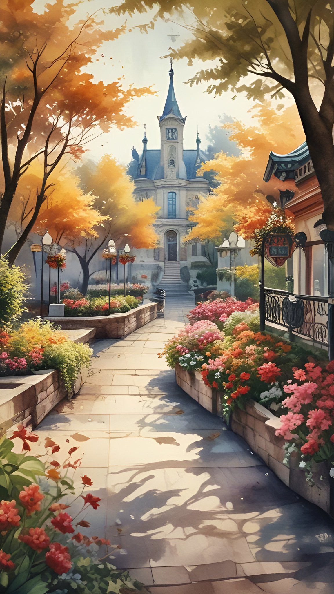 A watercolor painting style of a stone path to a turreted chateau with autumn orange trees and flower beds