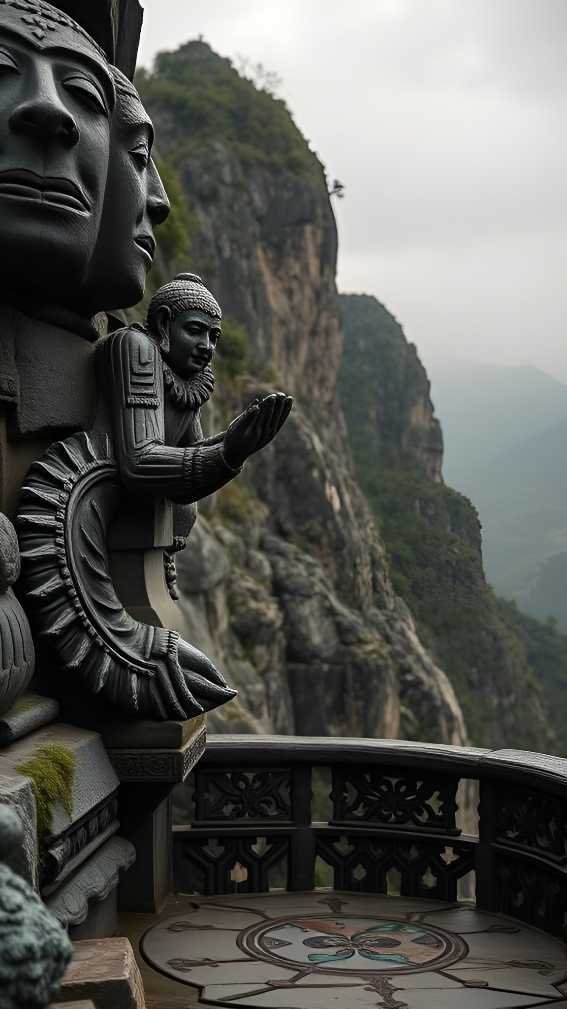 Creative photograph of stone statues and carved faces on balcony overlooking rocky mountain cliffs