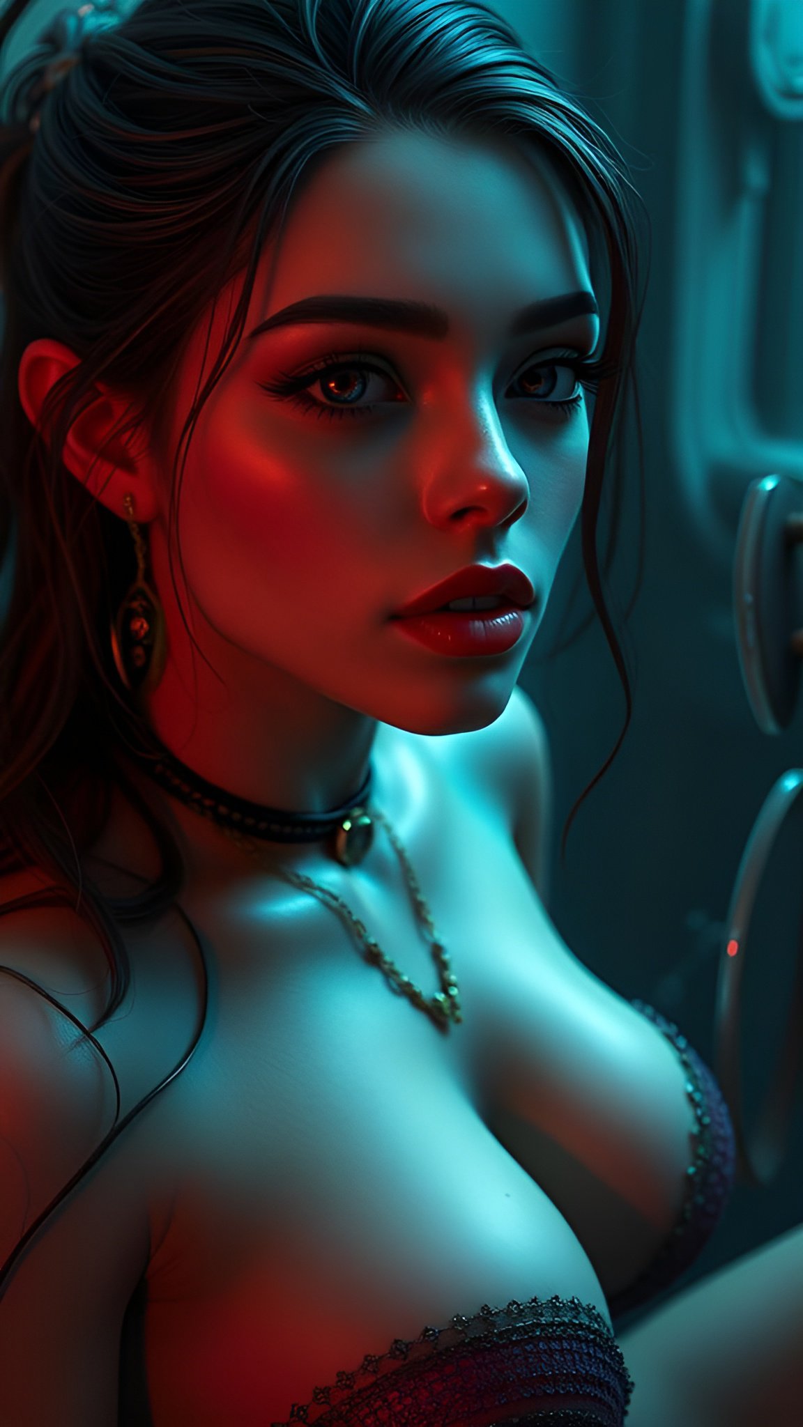Creative photograph close up of a stunning brunette woman with a seductive espression and red and blue lighting