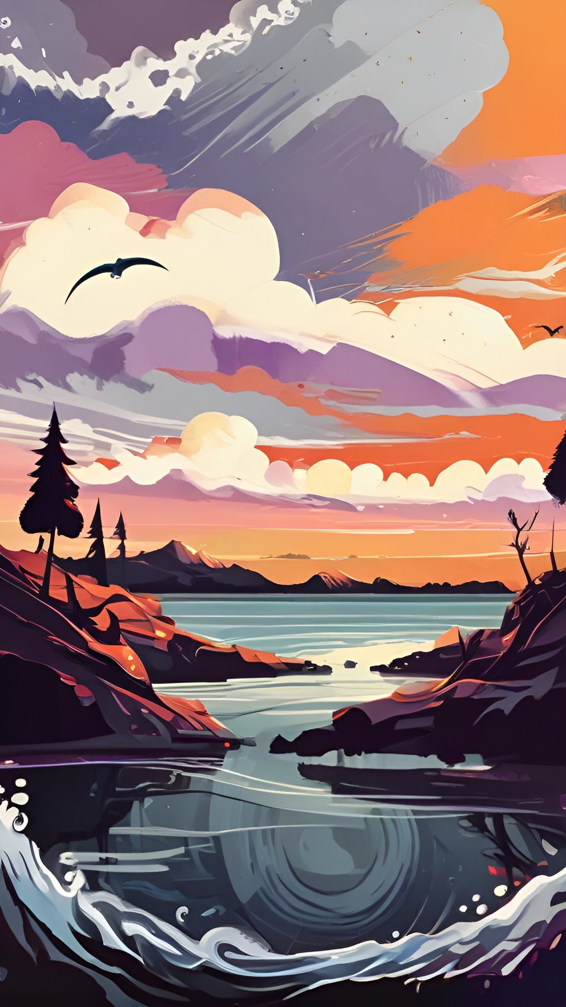 Abstract art of stylized sunset landscape over water with mountains pine trees and birds