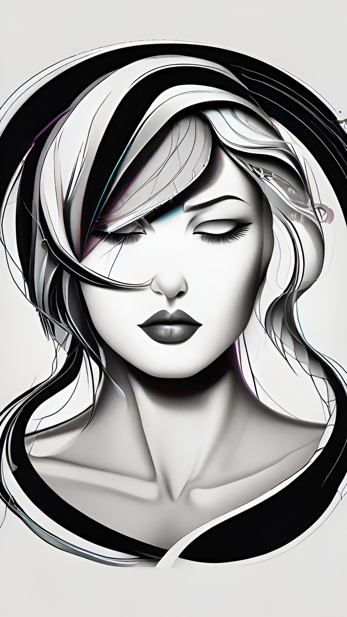 Female figure art of a stylized womans face with flowing hair strands closed eye portrait black white tones with purple accent highlights