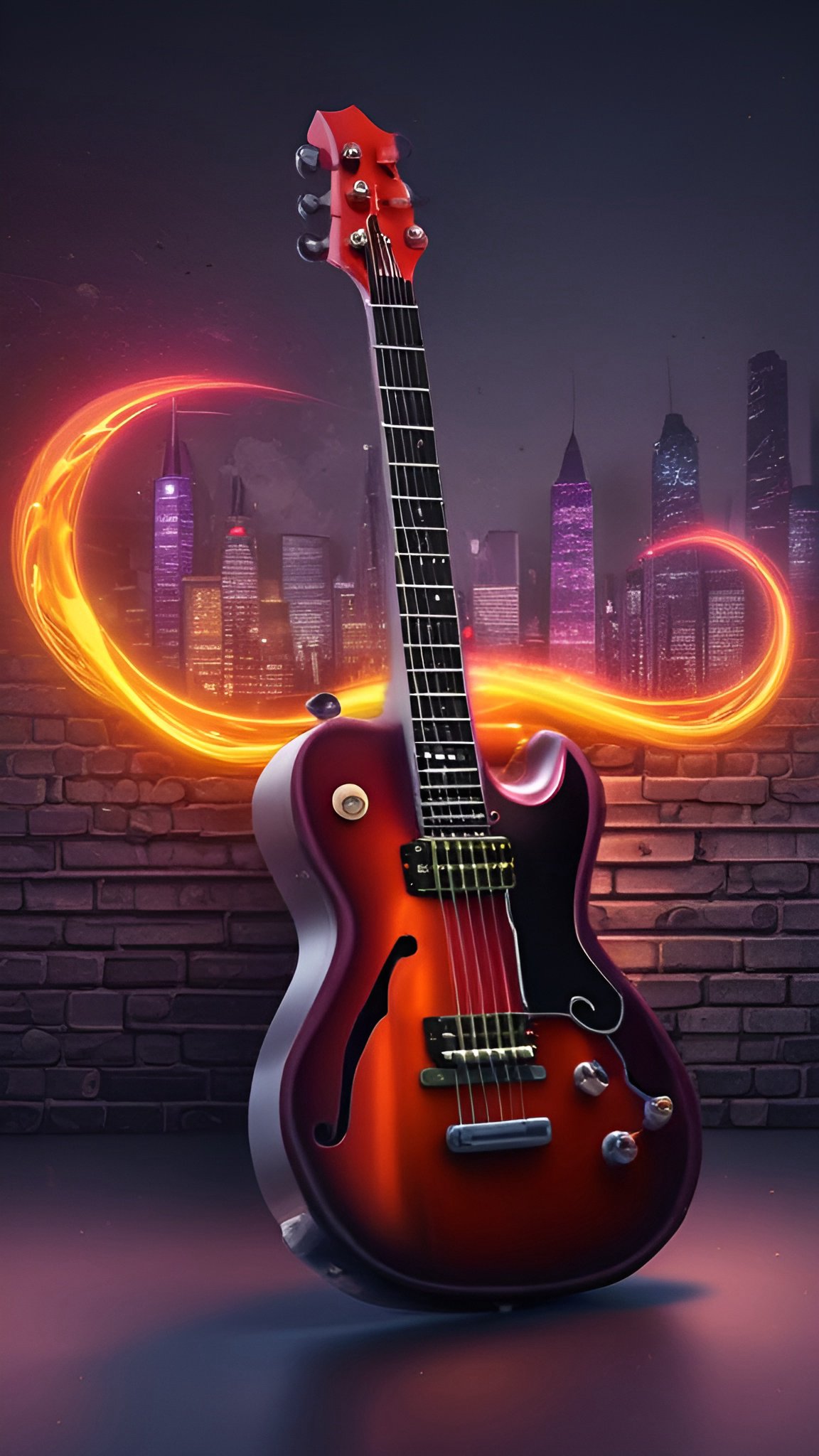 Poster art of a sunburst hollow body guitar in front of a neon city and brick wall