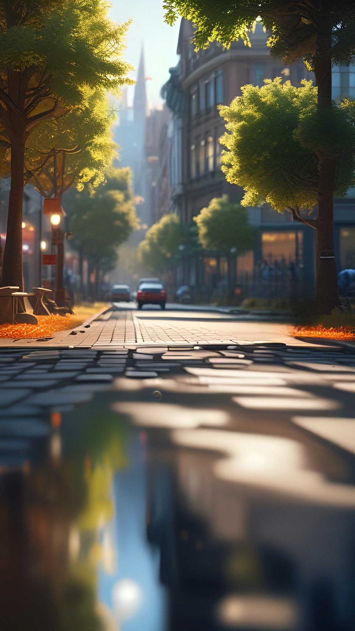 Sunny European style city street with green trees cobblestone pavement and buildings