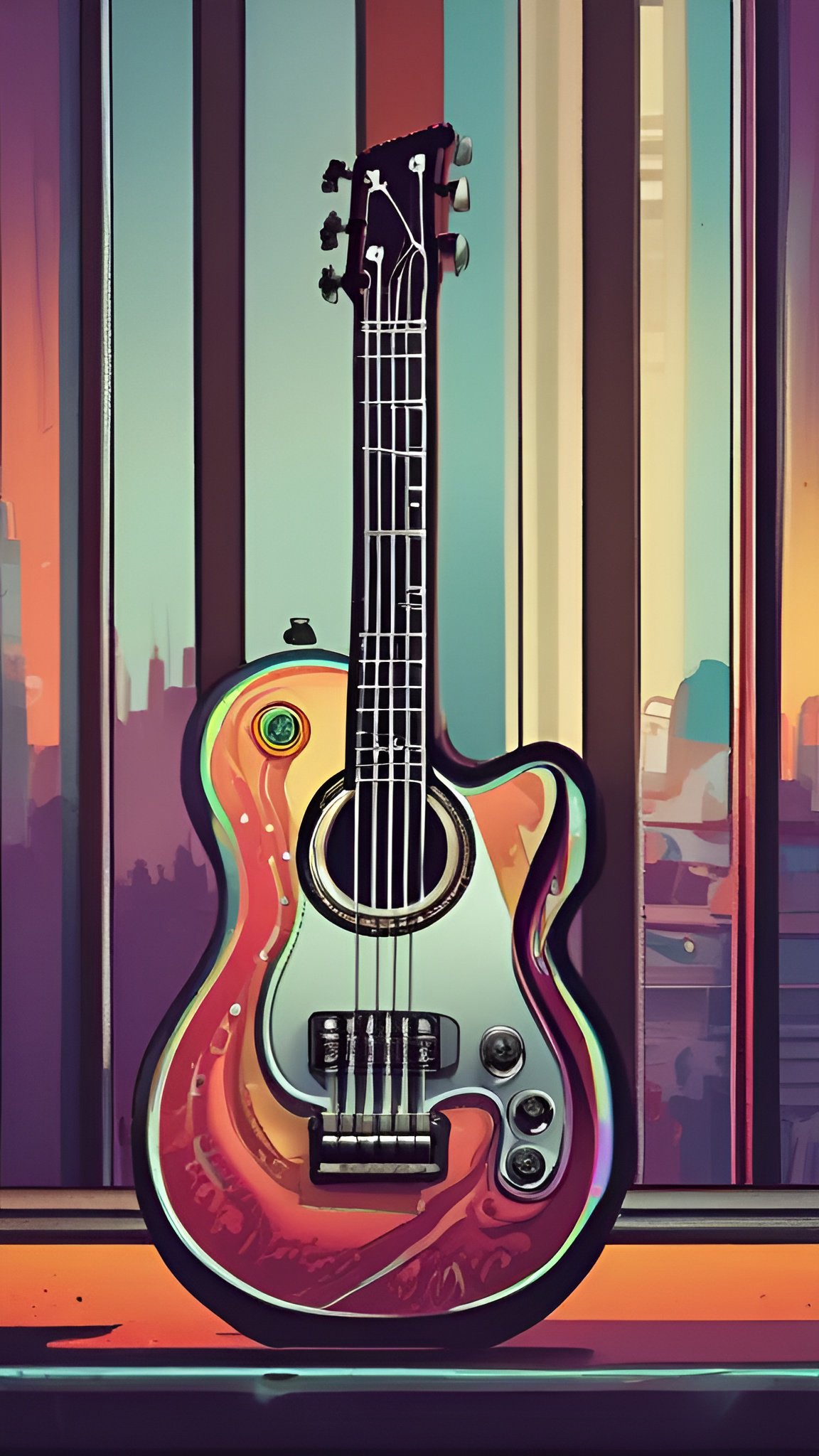 Painting of a sunset-colored acoustic electric guitar before tall city window panes