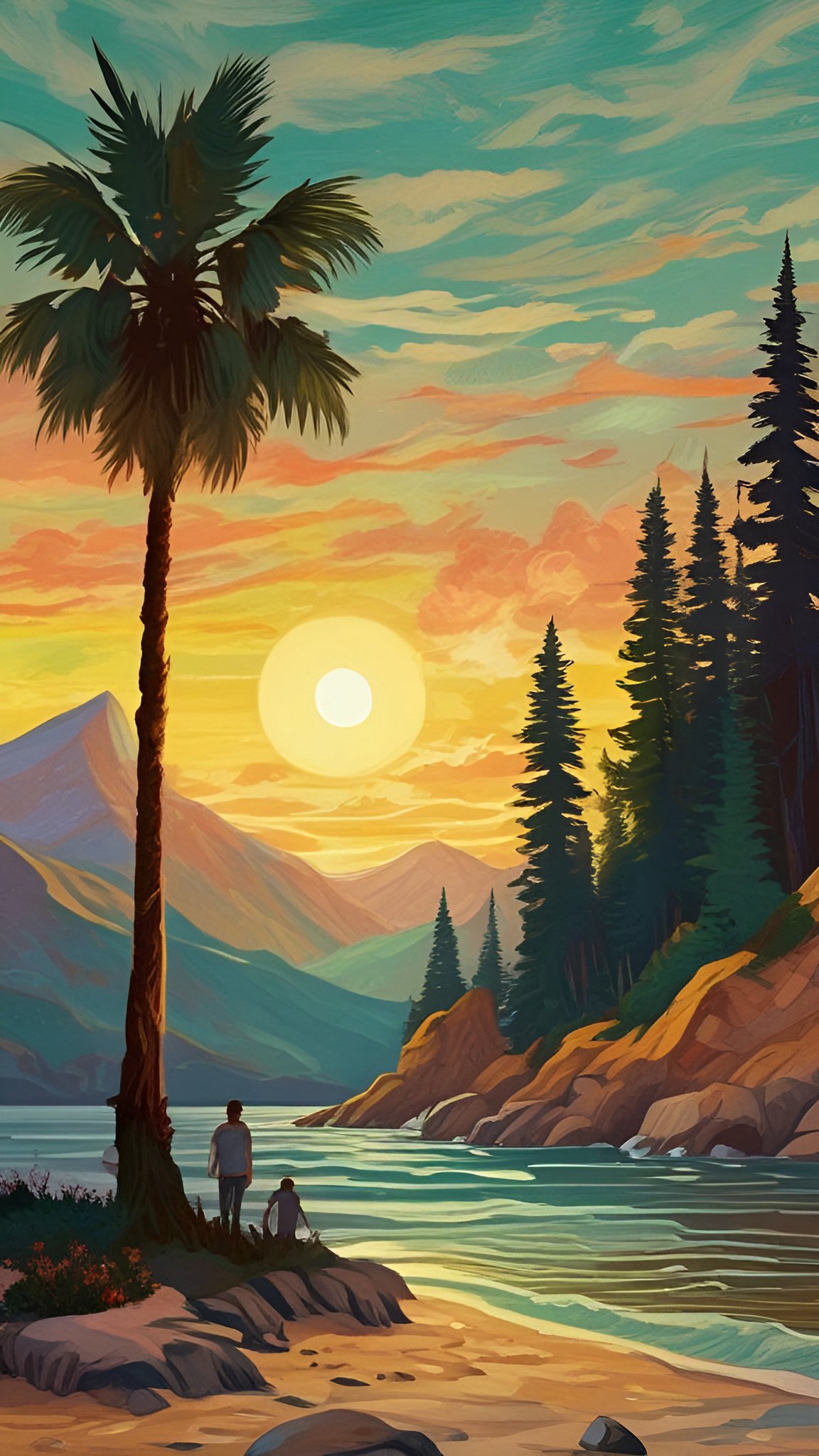 Painting of a sunset lakeshore with a palm tree and a man in a light shirt walking with a child