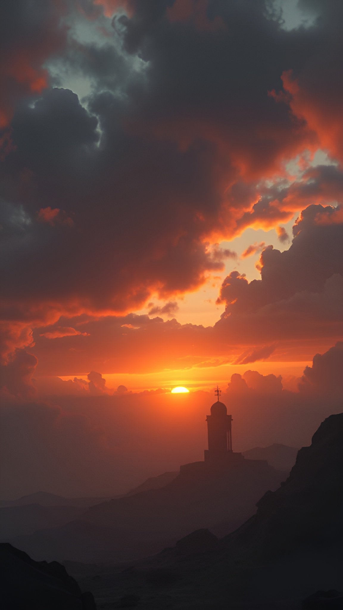 Small mountain chapel silhouetted against fiery orange sunset sky