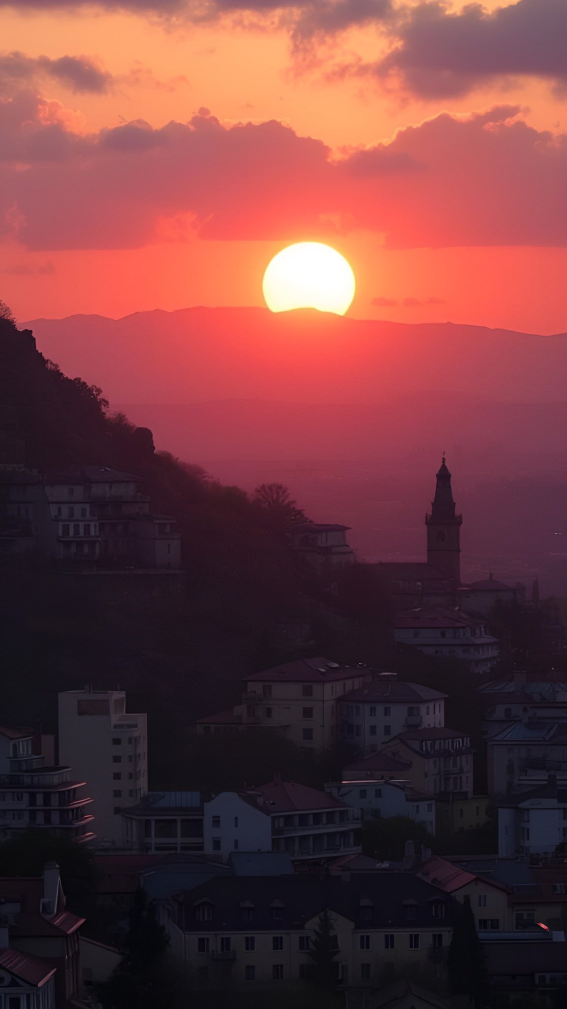 Sunset over hillside town with clock tower and mountains in background