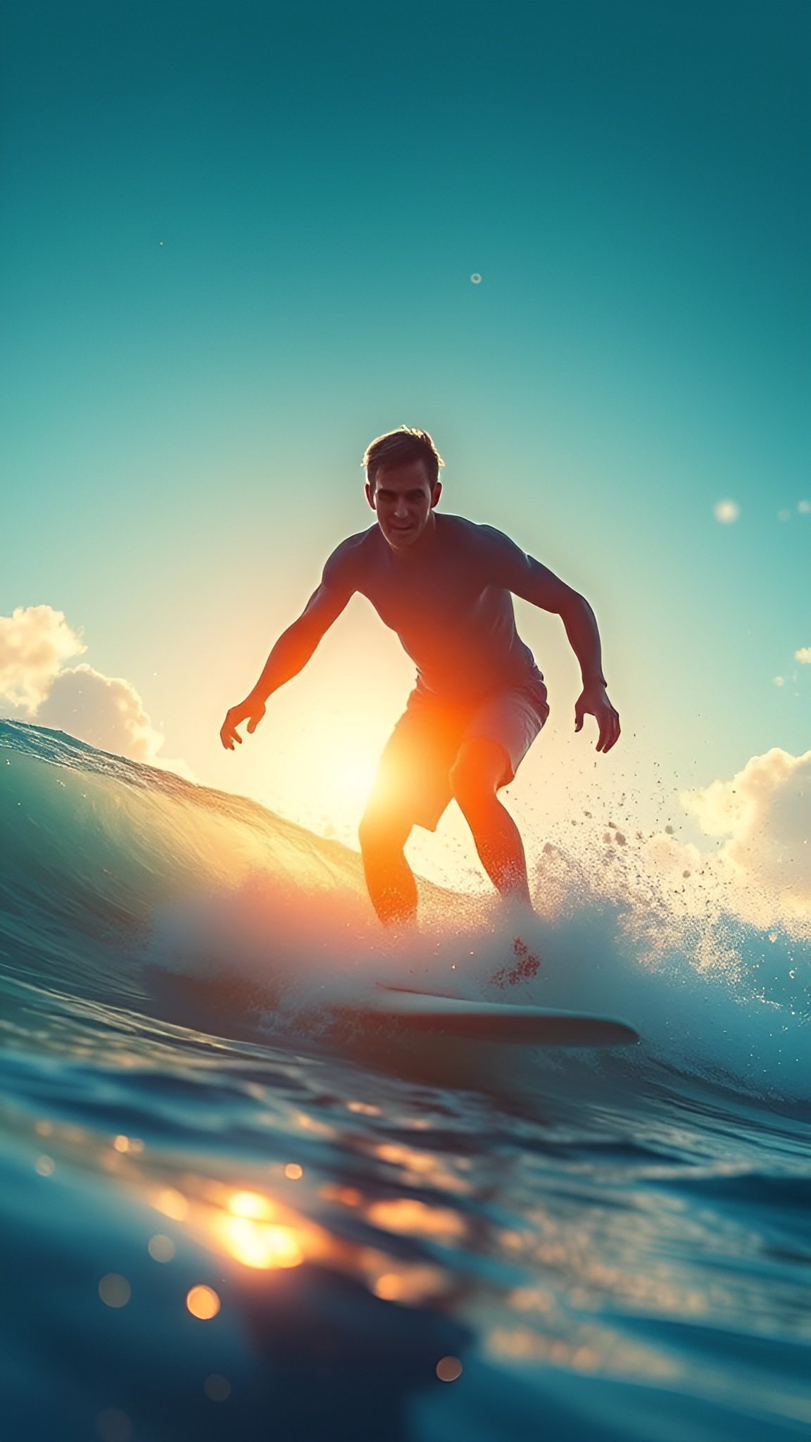 Surfer riding wave at sunset with sun behind