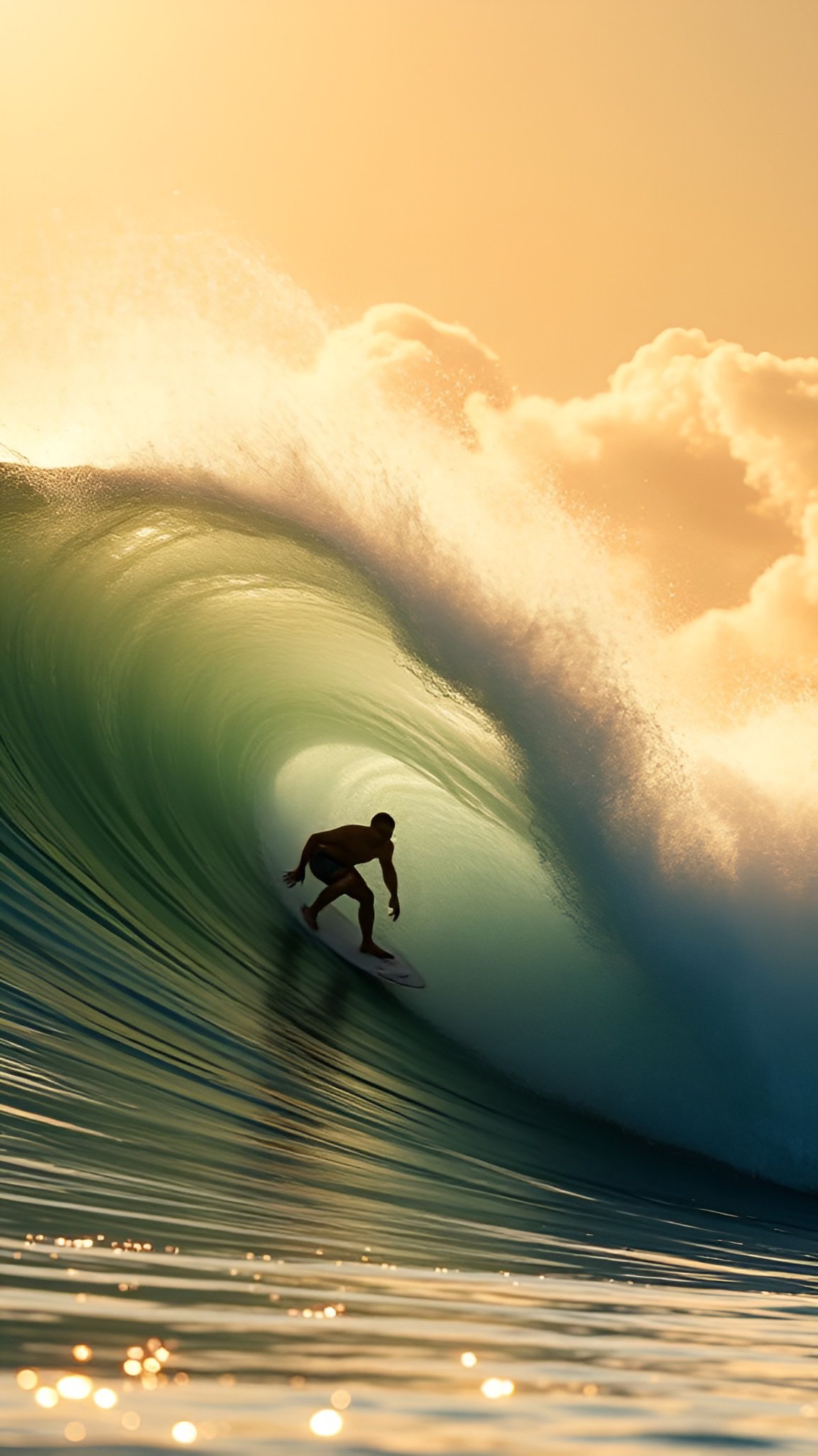 Silhouetted surfer riding inside green wave barrel at sunset