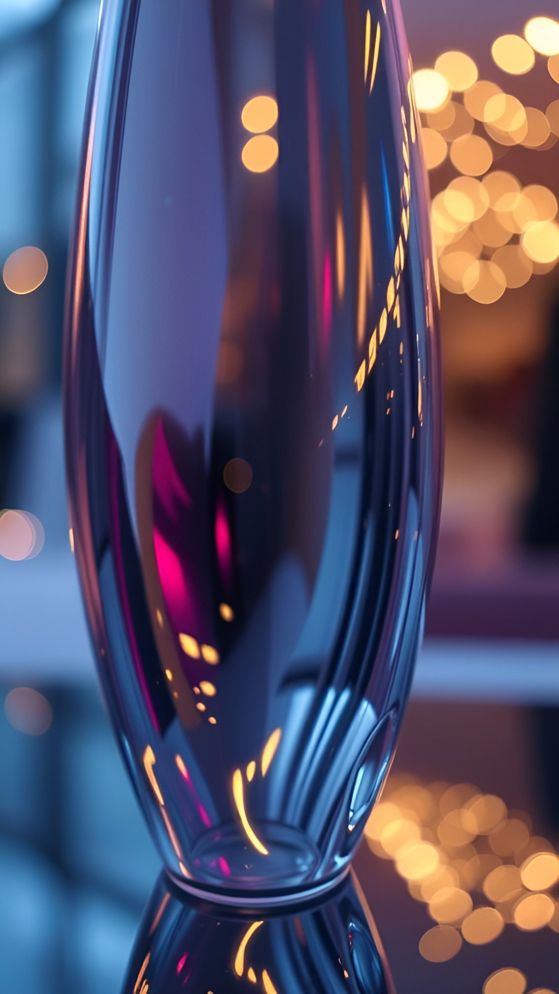 Abstract art of a tall glass vase with gold bokeh lights and purple reflections