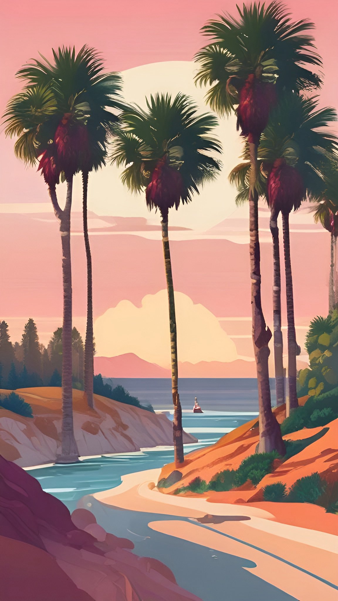 Painting of tall palms on a pink sky tropical coast with a sandy inlet and a small sailboat