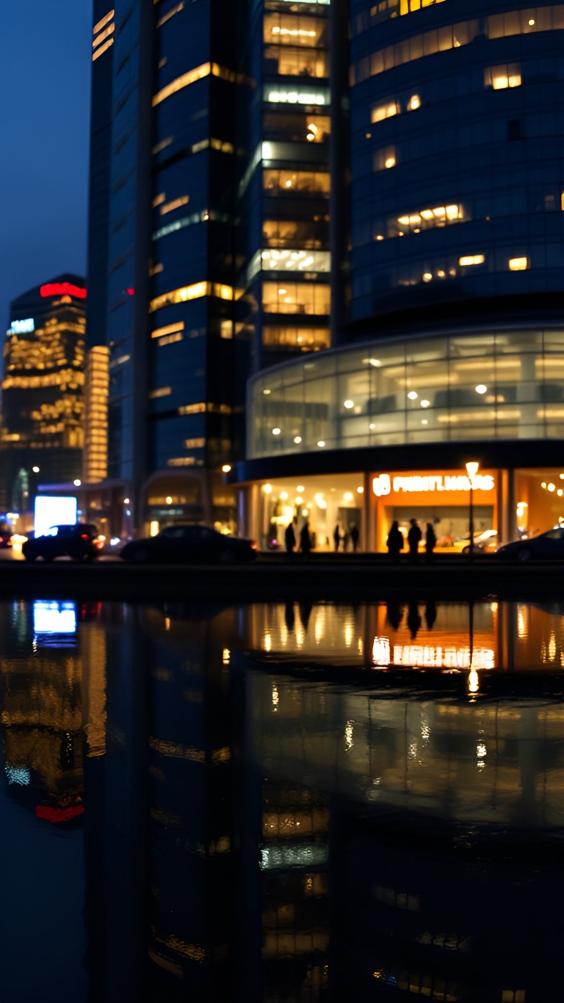Realistic photograph of tall skyscraper towers with a  night urban glow and people walking