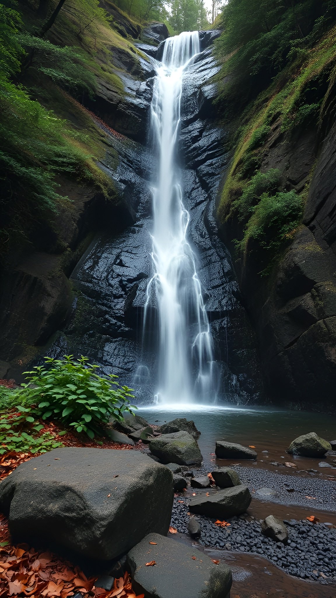 Tall waterfall cascading down dark mossy cliffs into misty pool below