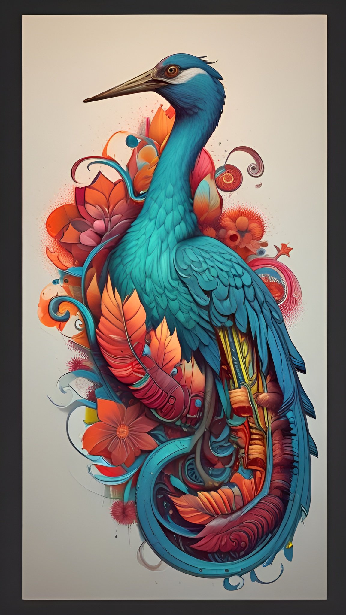 A poster art of a teal heron with a long beak, orange lotus blooms, and coral feathers on a cream panel
