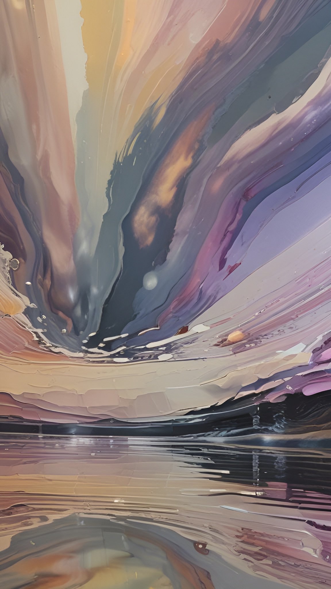An abstract art of a thick paint pour in purple gold peach and gray above a dark water band with a mirror below