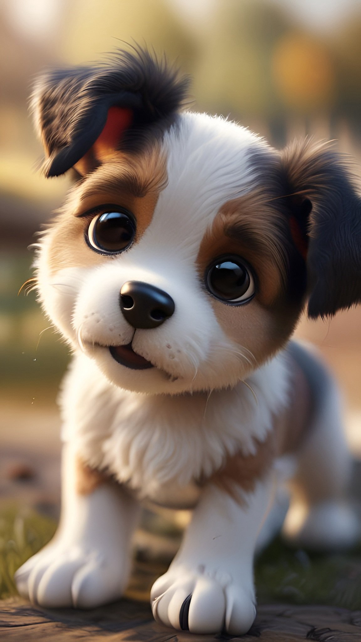 Cartoon image of a white tan and black puppy standing outdoors