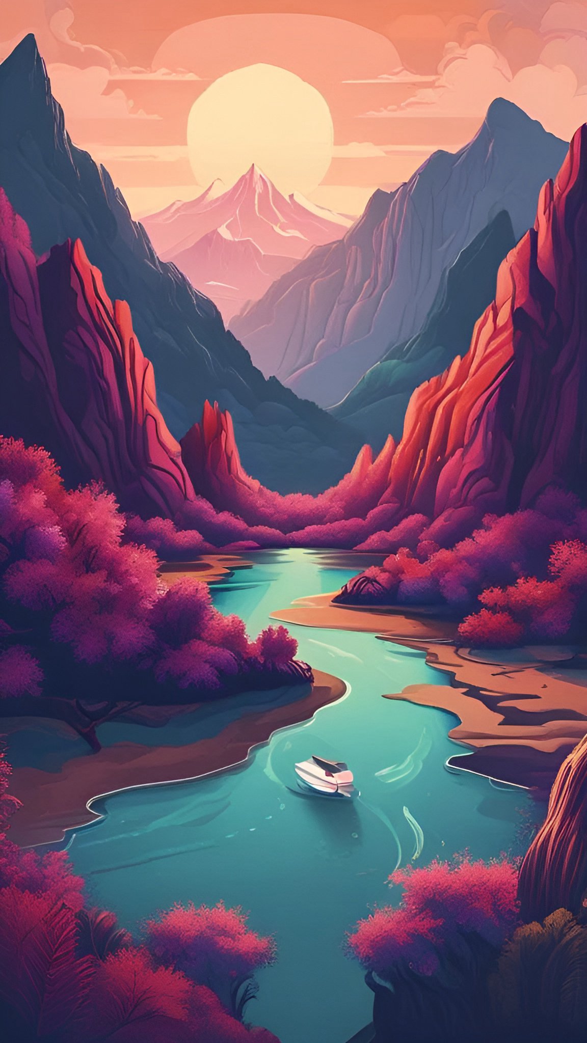 Stylized painting of a turquoise river with a small white boat between magenta pink canyon walls