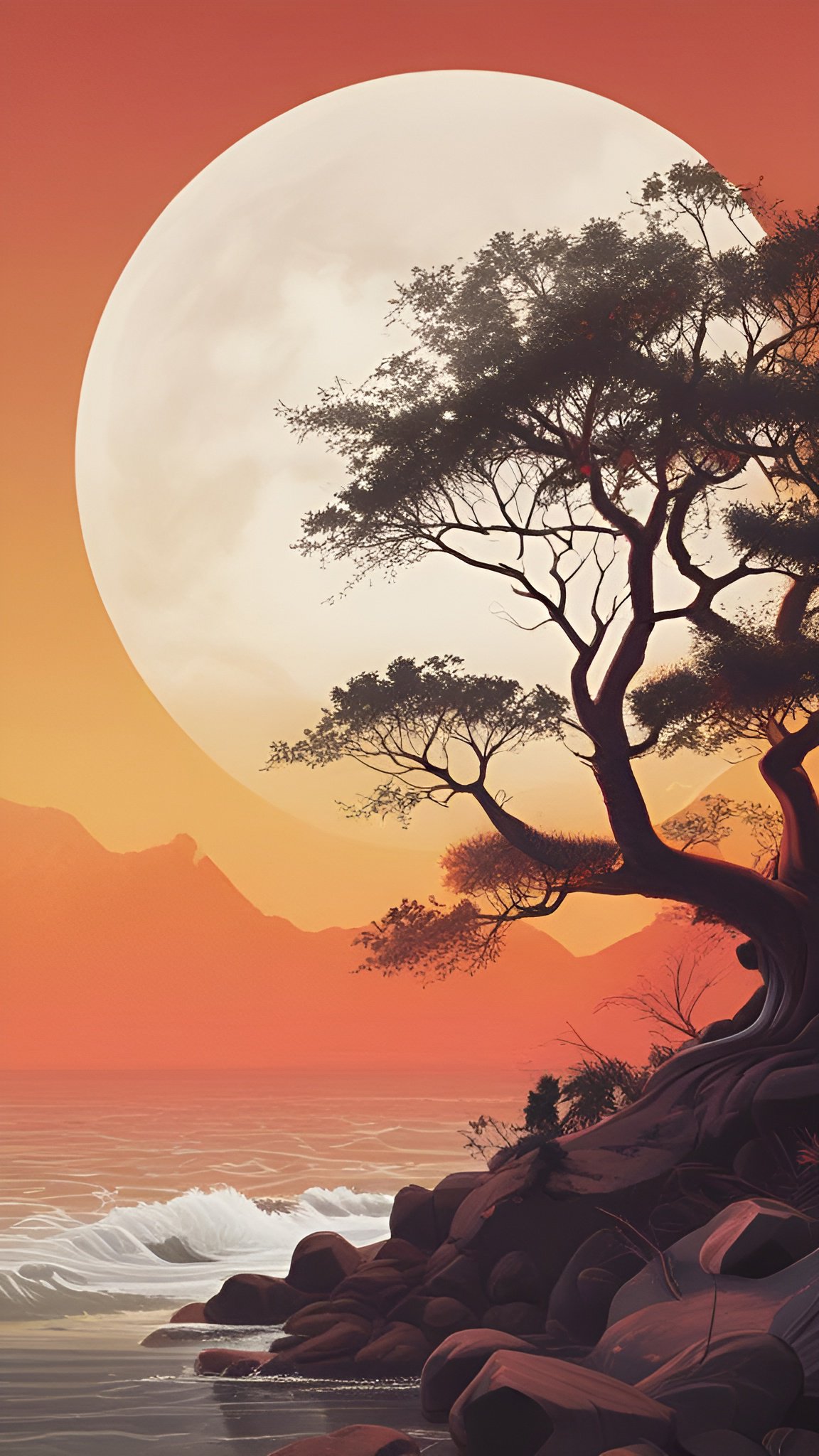 An oil painting style of a twisted coastal tree on dark rocks beside white surf under a huge pale moon and orange sunset sky